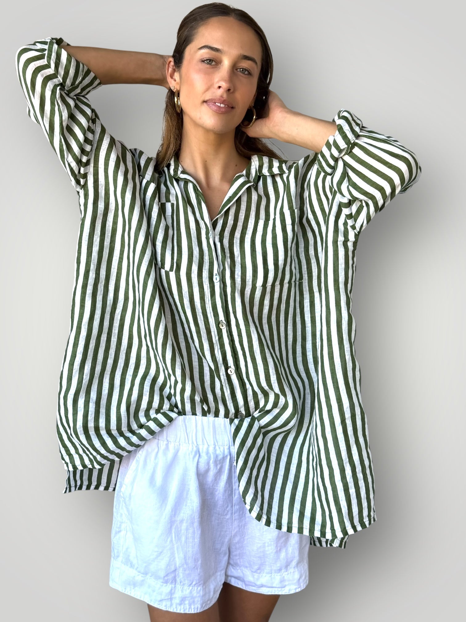 aiden boyfriend shirt -moss stripe linen Apparel