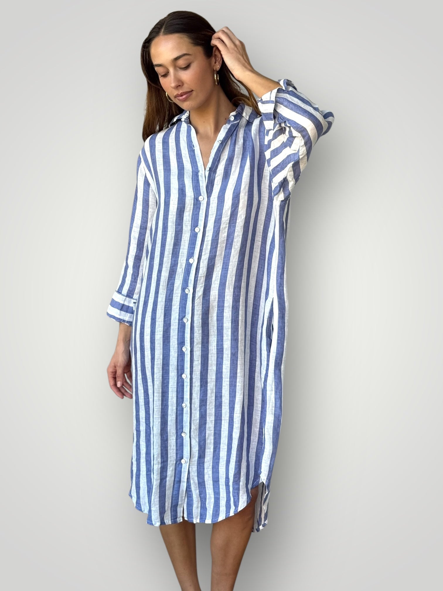 elena shirtdress - cornflower stripe linen Apparel