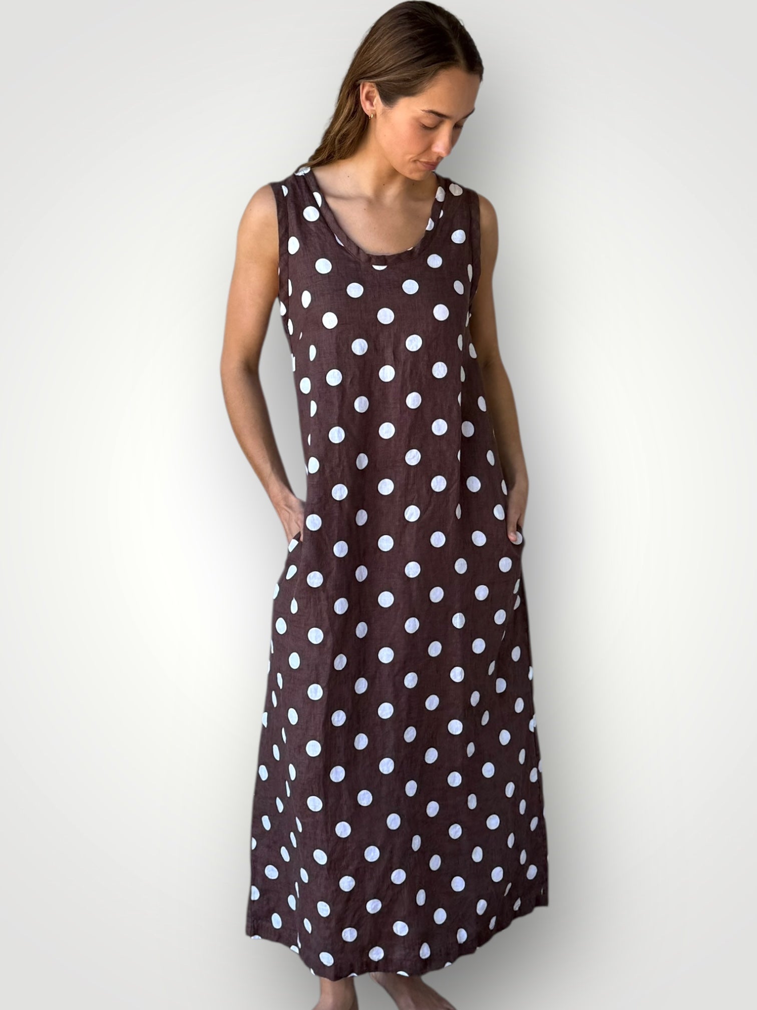 imogen dress-chocolate spot linen