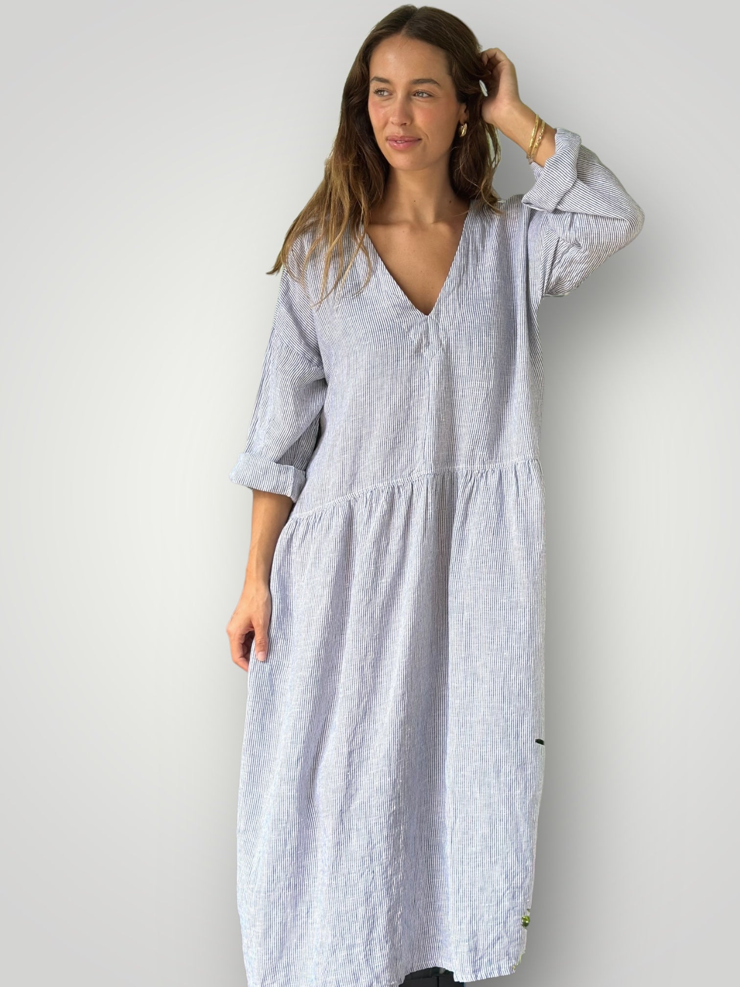 paige dress - fine grey stripe linen Apparel