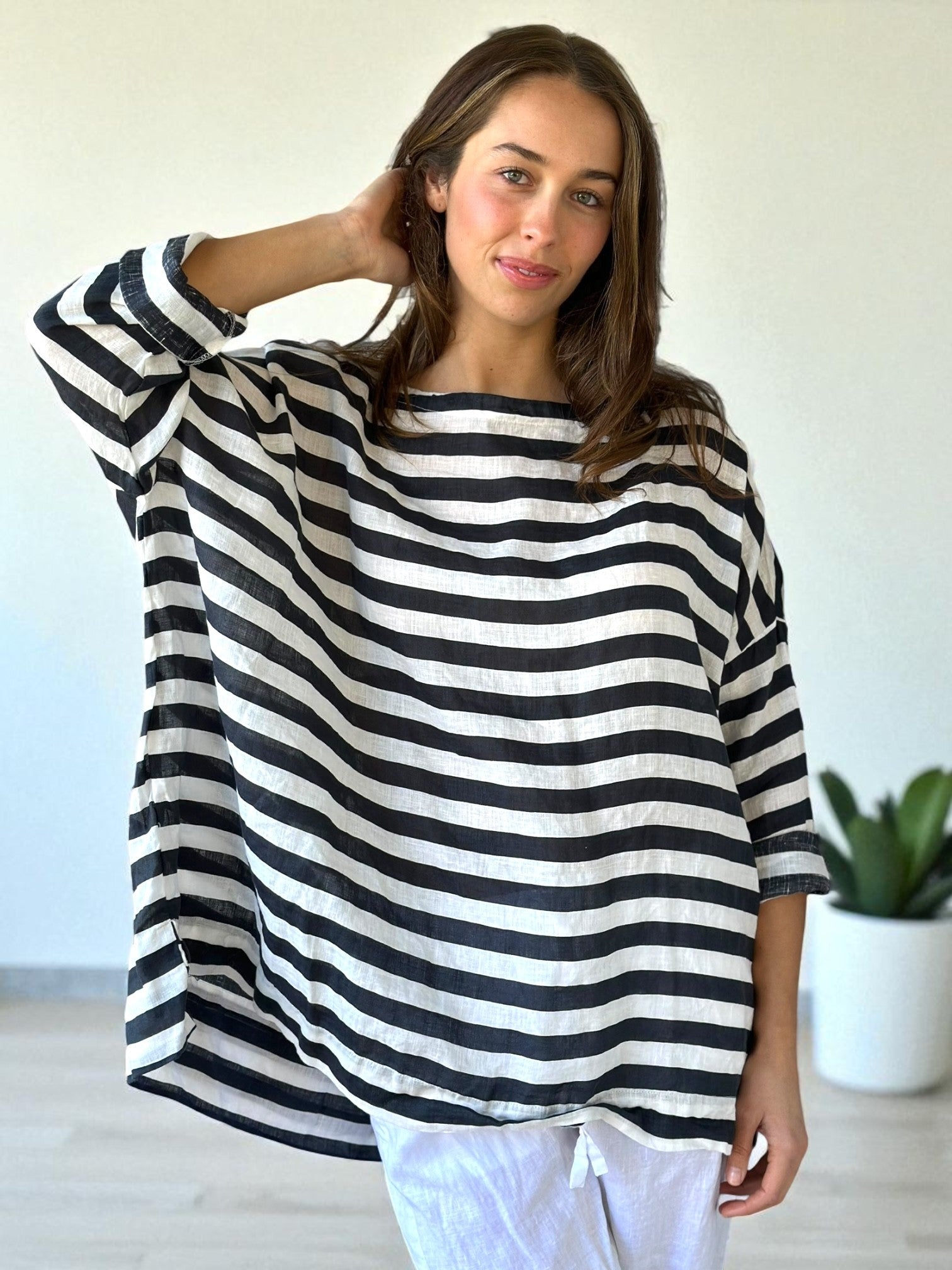 avril top - charcoal stripe linen Apparel
