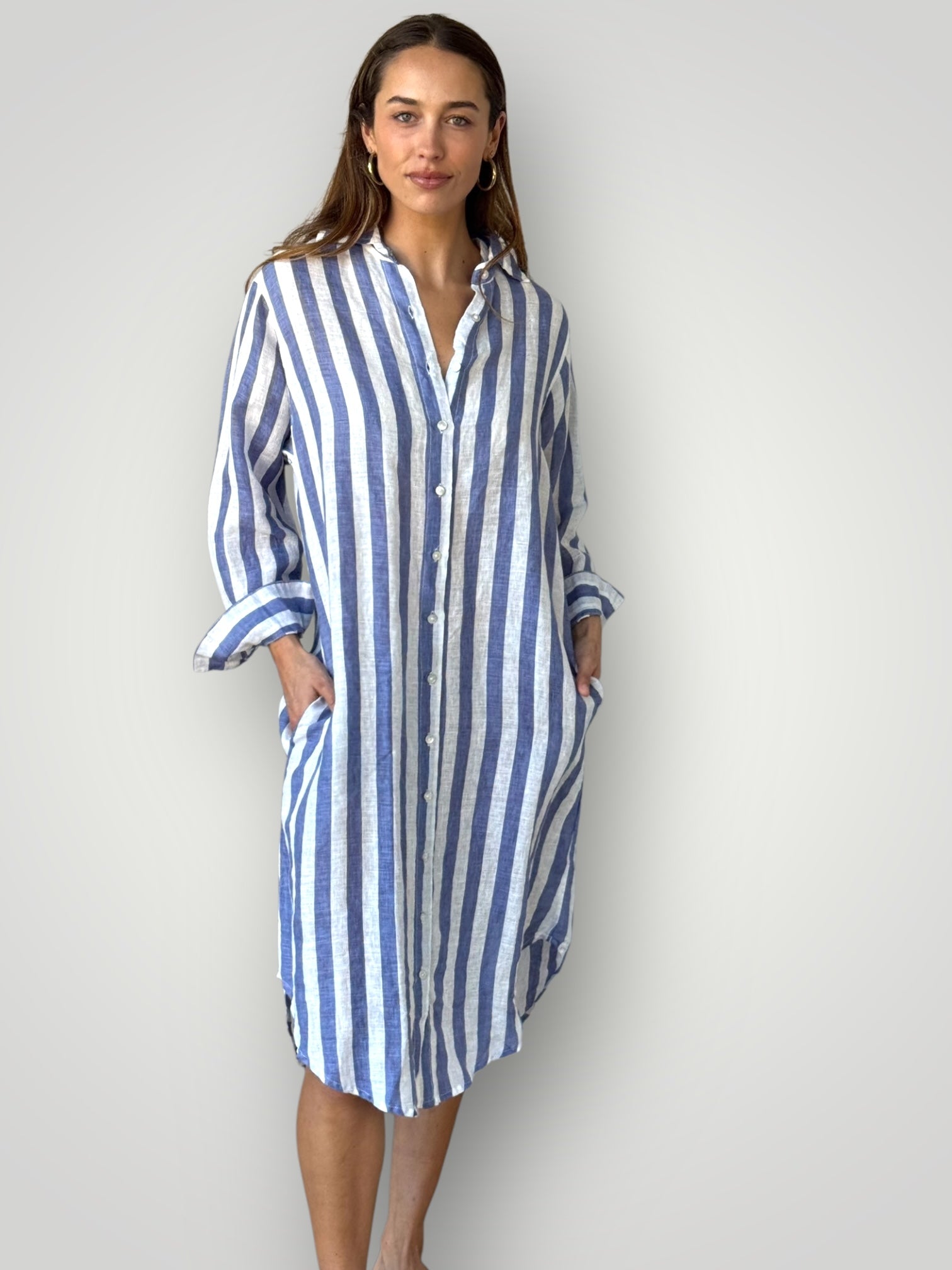 elena shirtdress - cornflower stripe linen Apparel