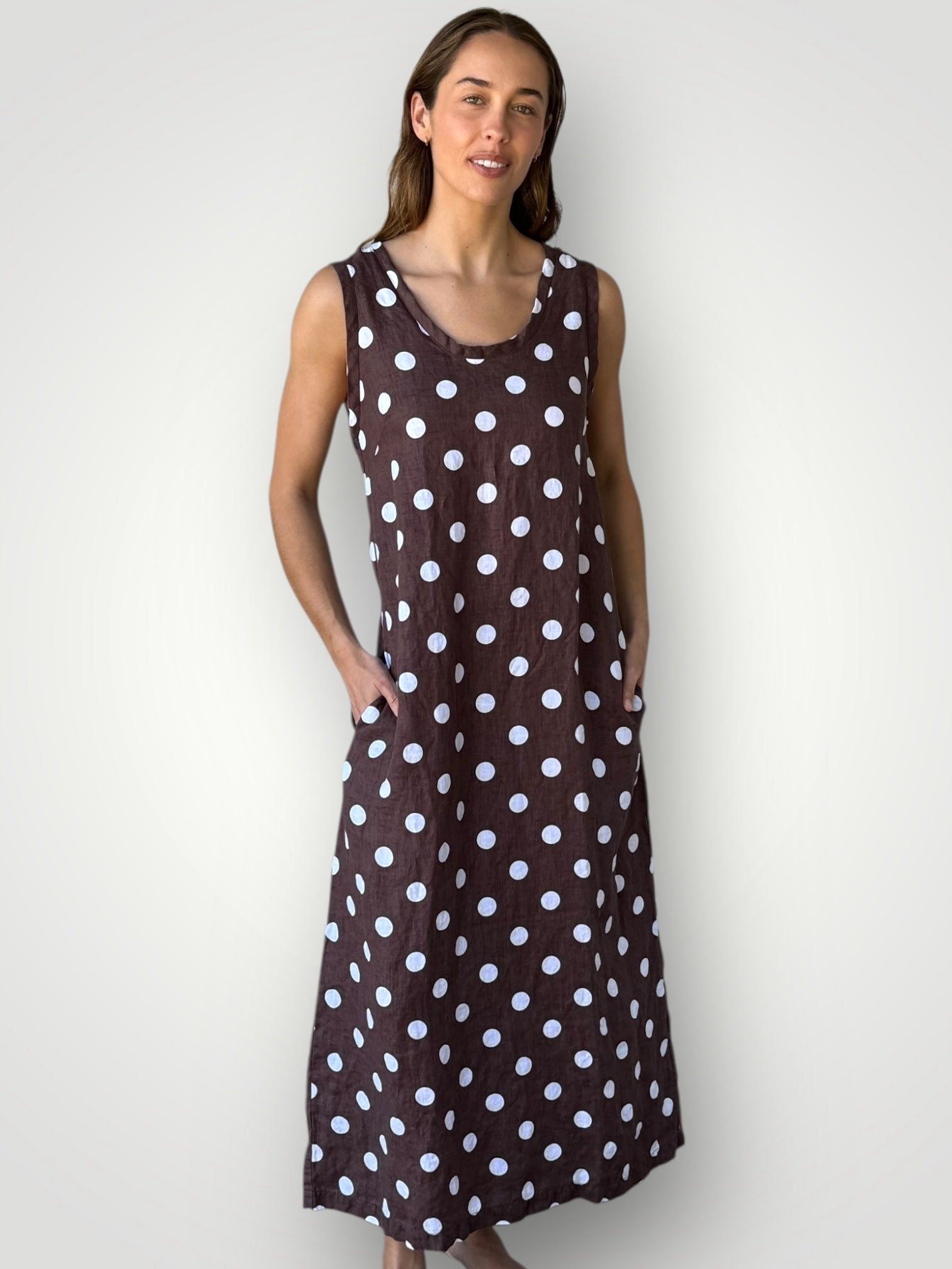 imogen dress-chocolate spot linen