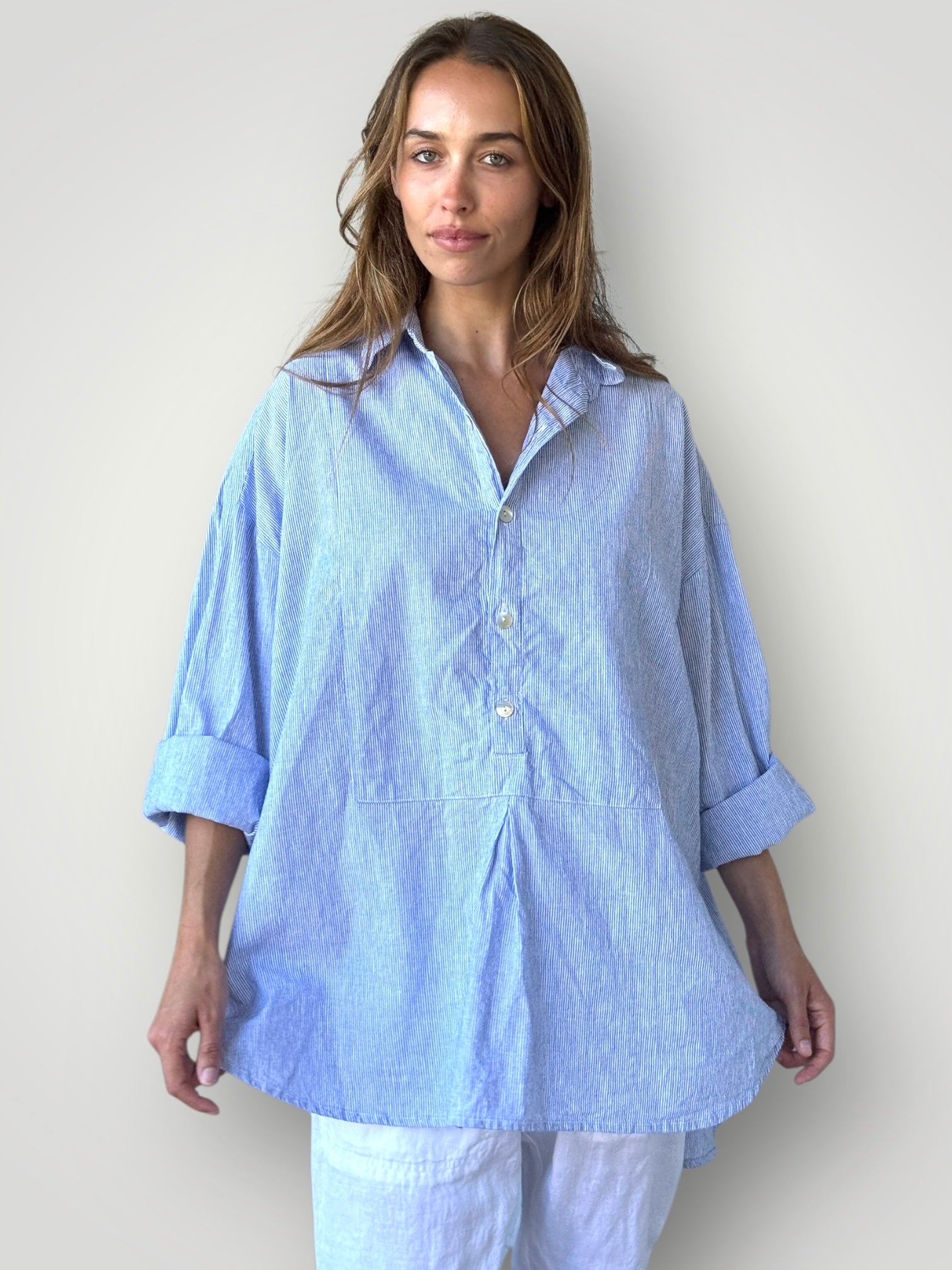 megan shirt -fine blue stripe linen Apparel