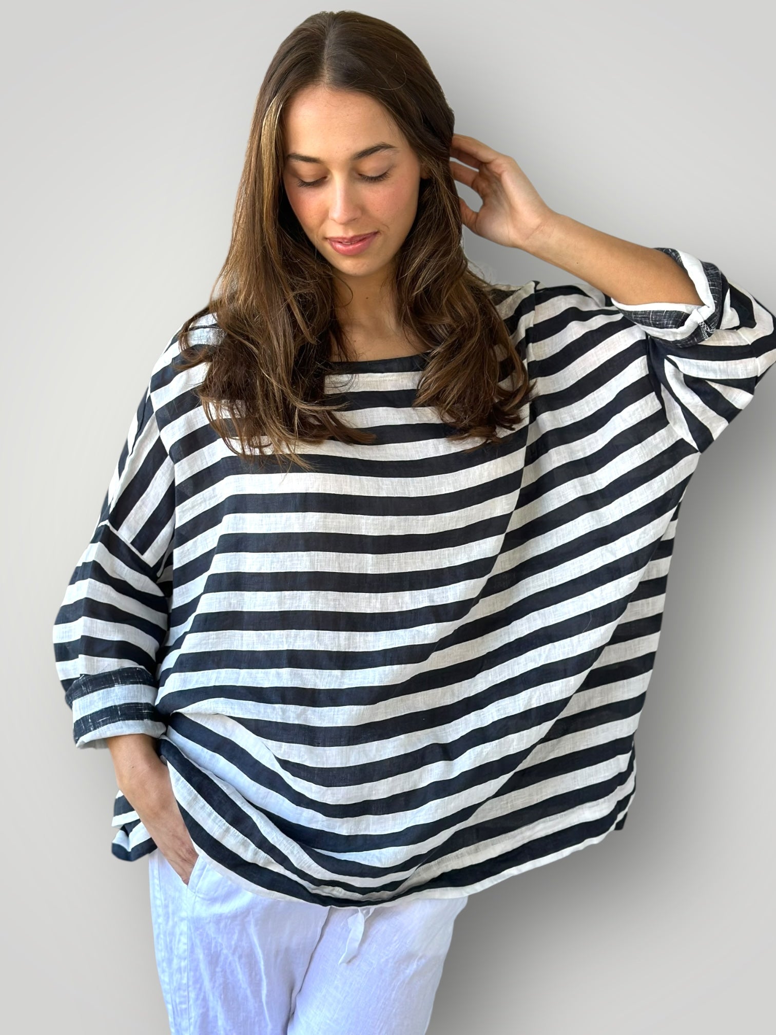 avril top - charcoal stripe linen Apparel