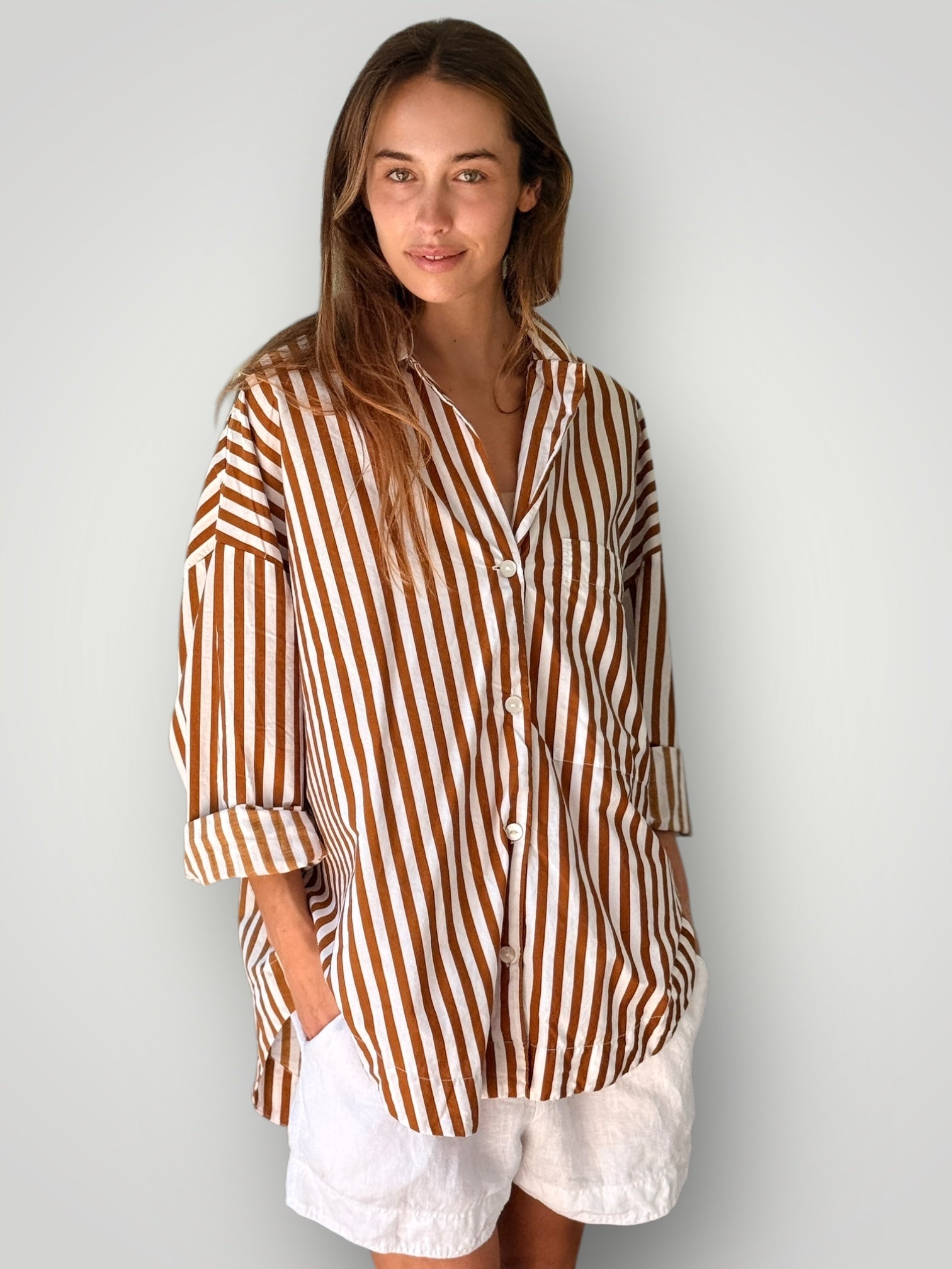 caitlyn shirt - caramel stripe cotton Apparel