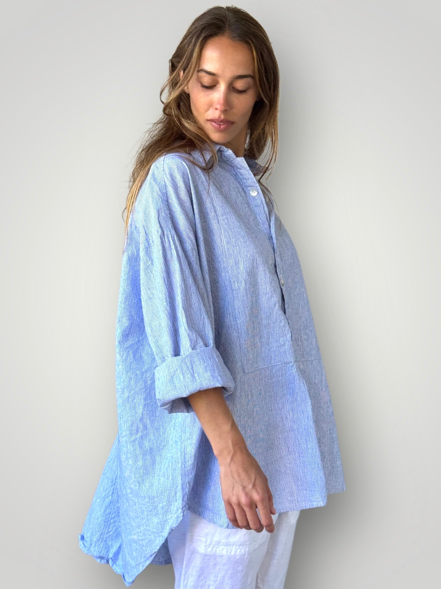 megan shirt -fine blue stripe linen Apparel