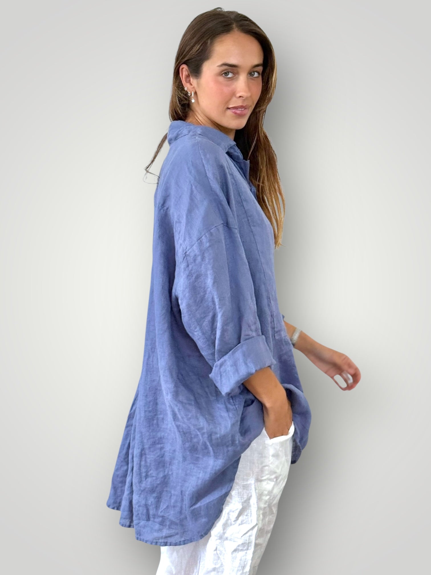 megan shirt - cornflower linen Apparel