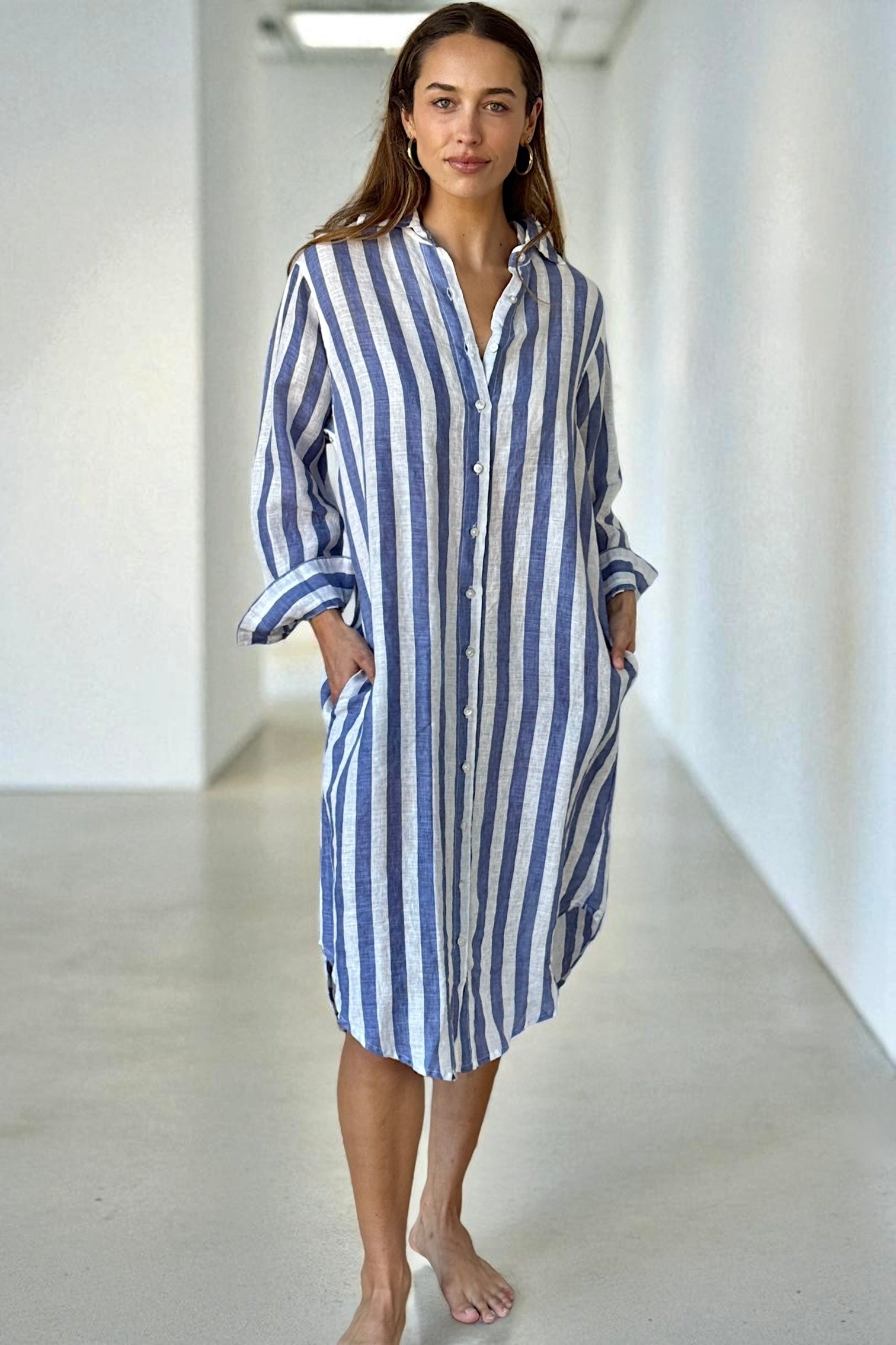 elena shirtdress - cornflower stripe linen Apparel
