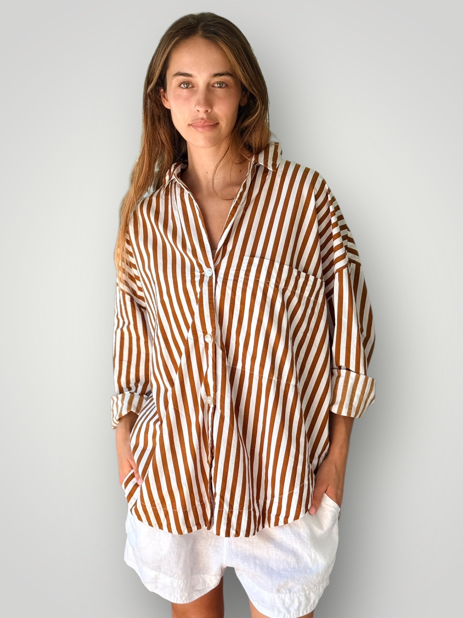 caitlyn shirt - caramel stripe cotton Apparel