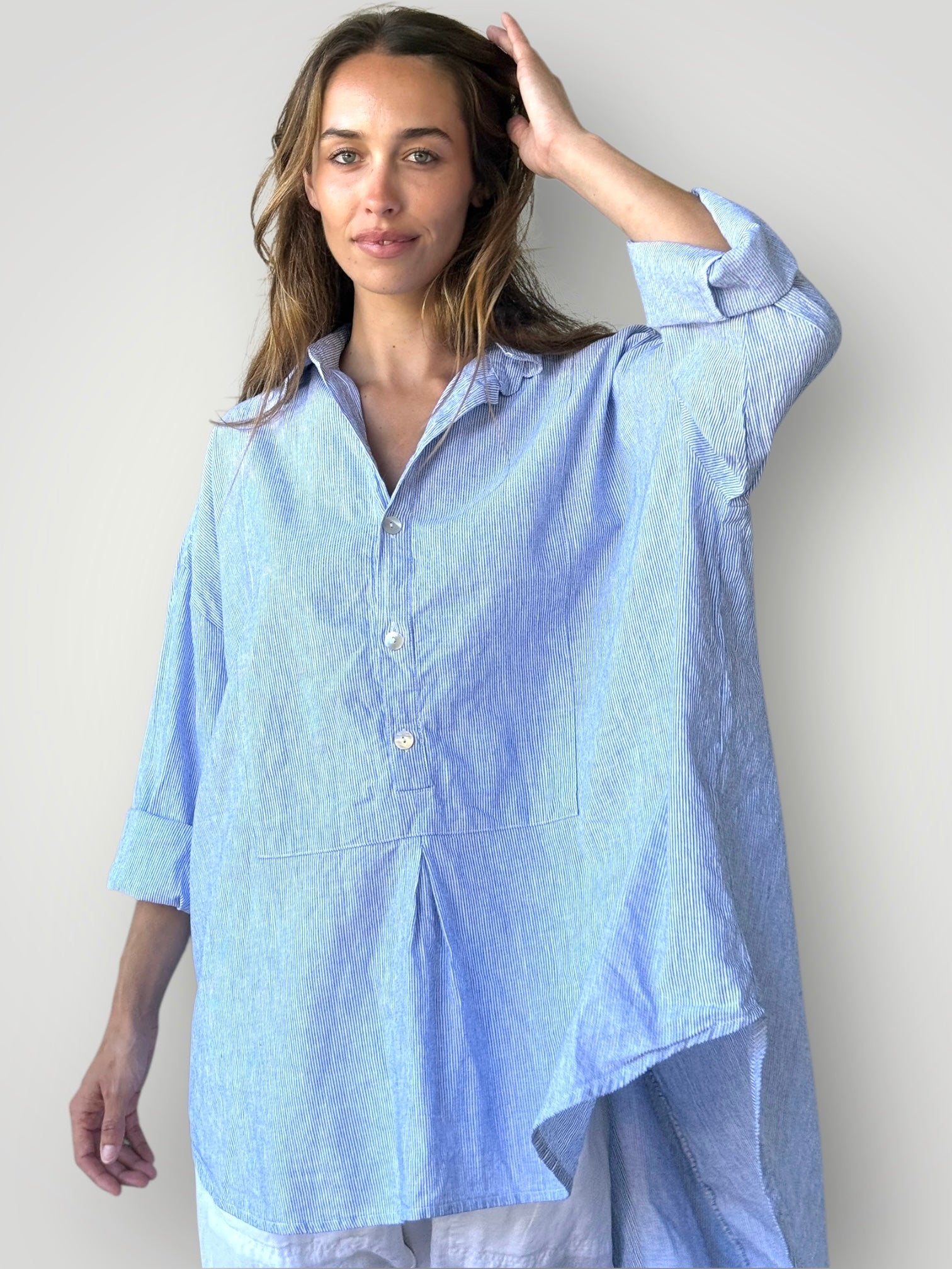 megan shirt -fine blue stripe linen Apparel