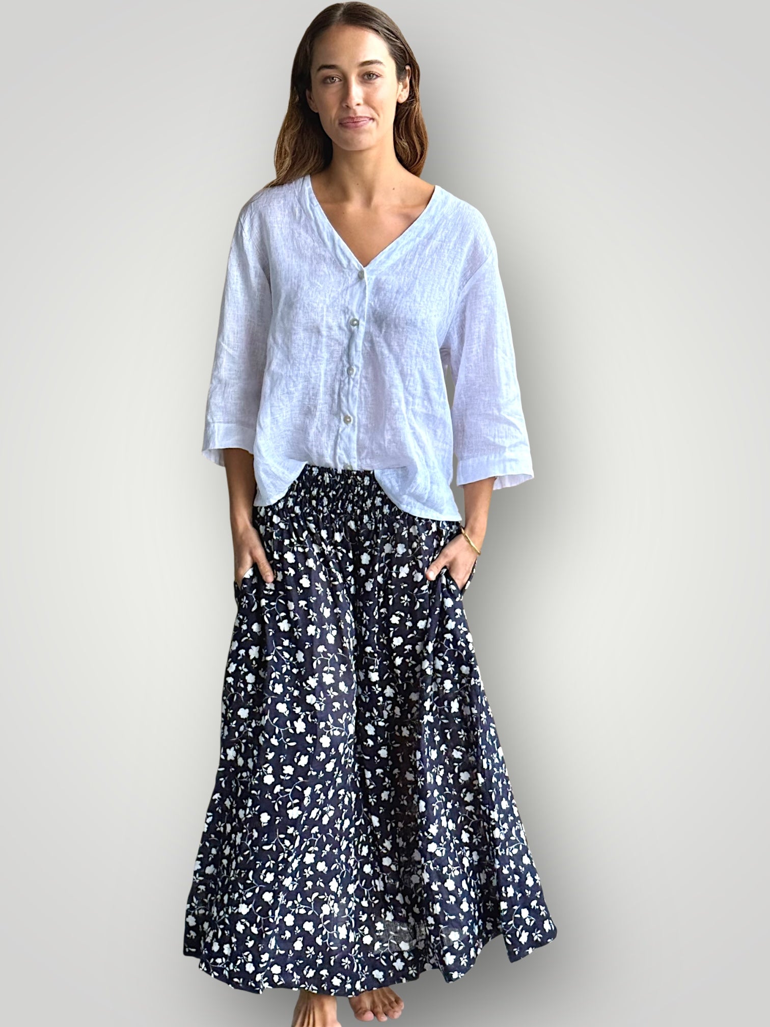 lulu skirt - navy flora linen Apparel