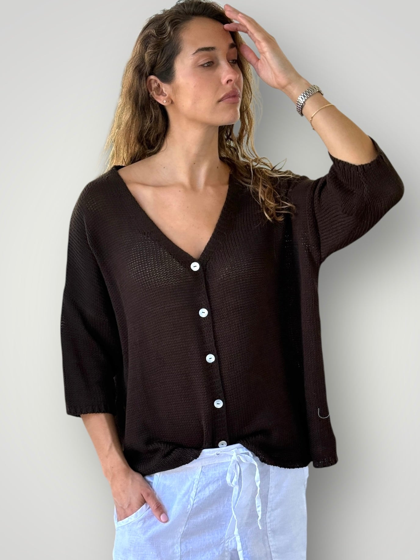 alex cardi-chocolate cotton knit Apparel