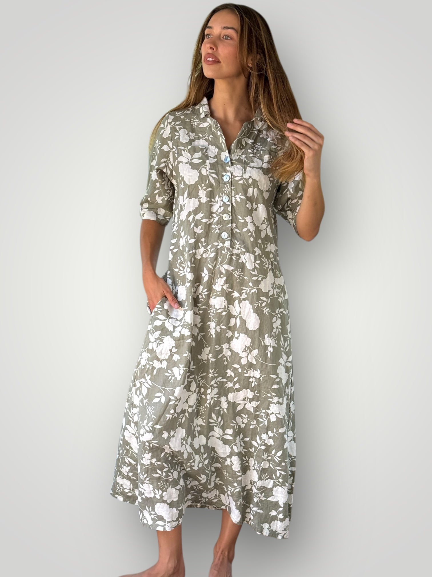 bridget dress - sage big flower linen Apparel