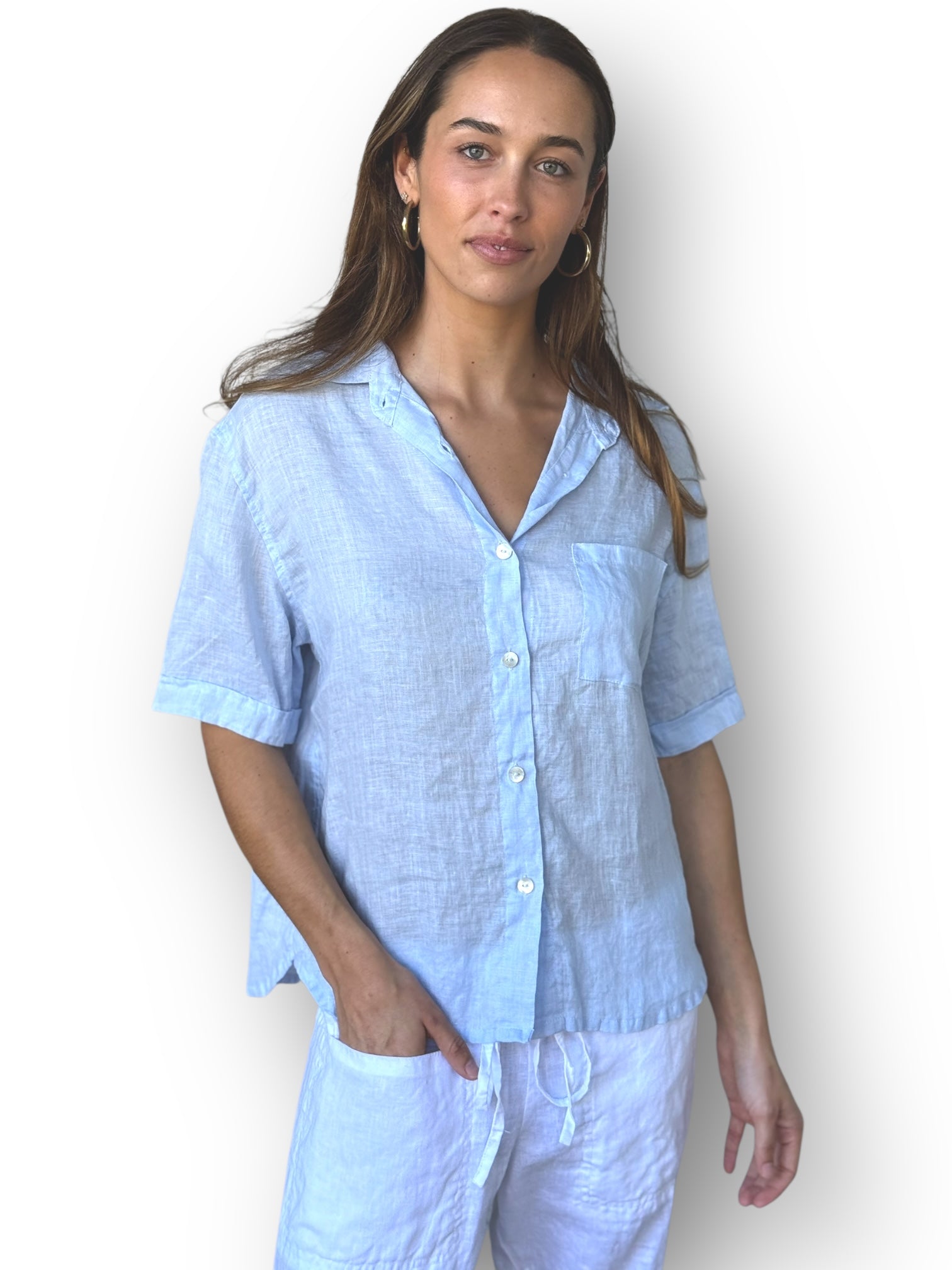 erin shirt-soft blue linen Apparel