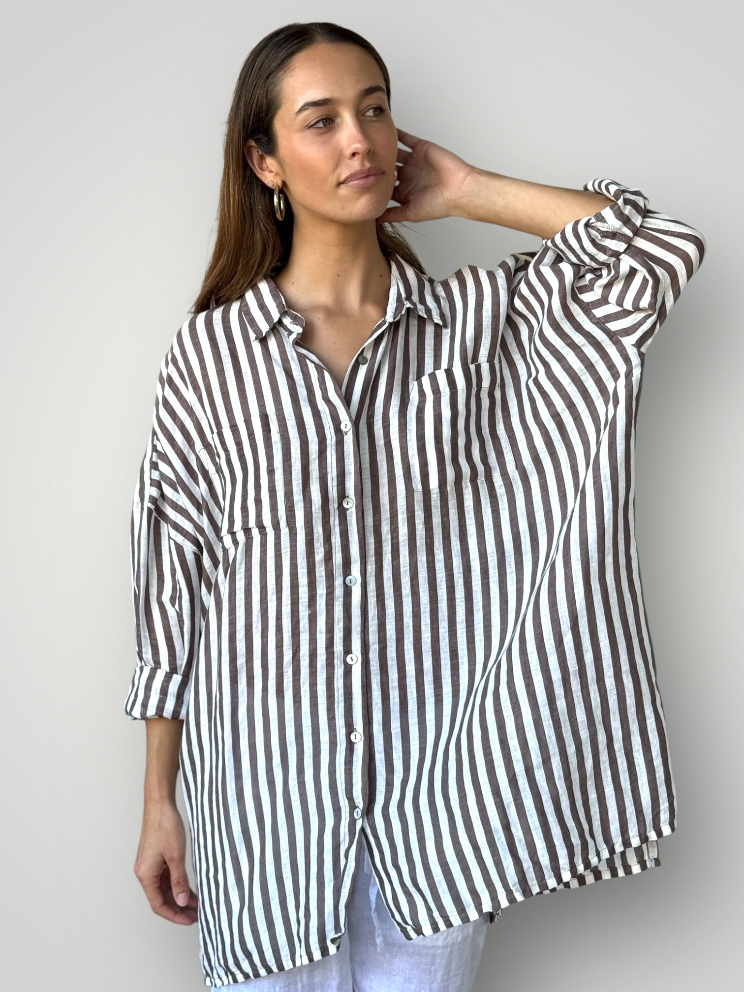 aiden boyfriend shirt -soil stripe linen Apparel
