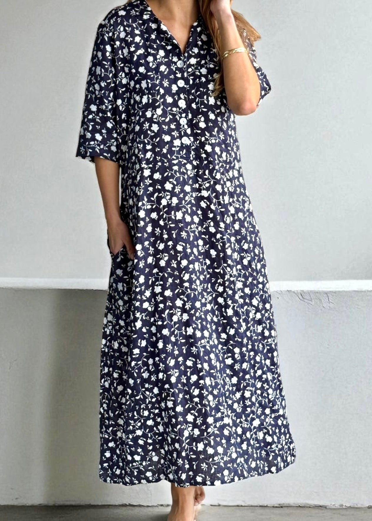 bridget dress - navy floral linen Apparel