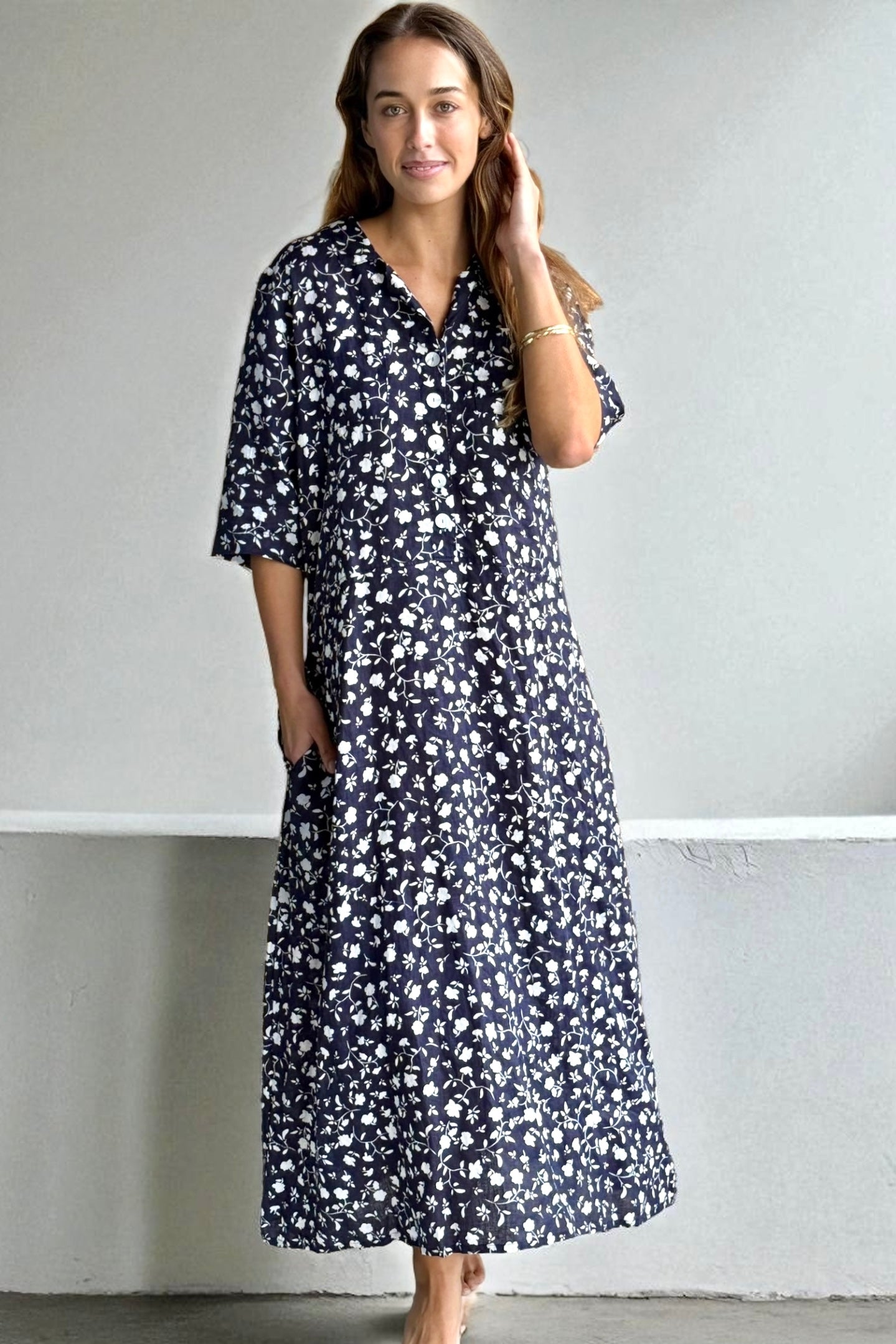 bridget dress - navy floral linen Apparel