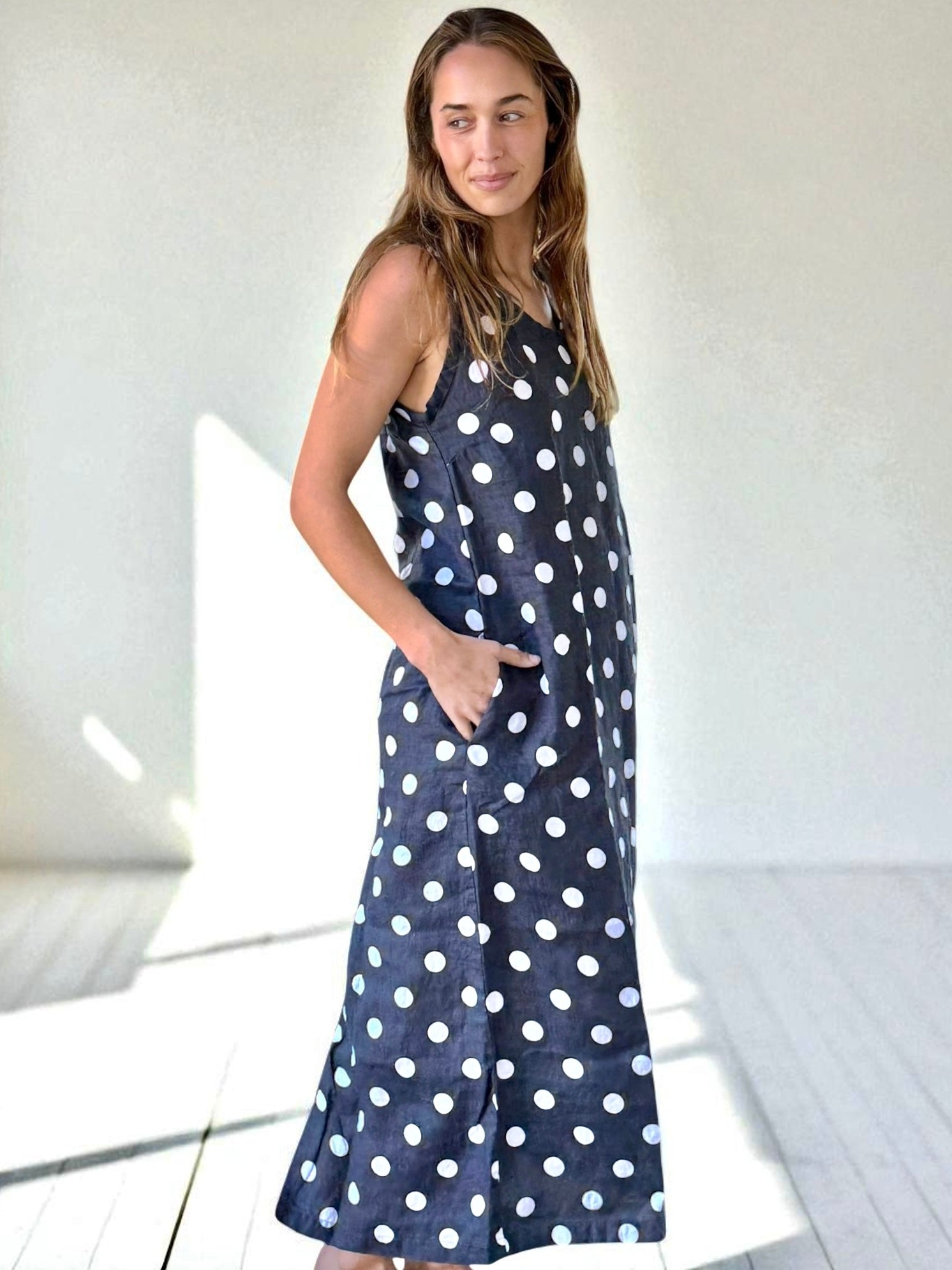 imogen dress-charcoal spot linen