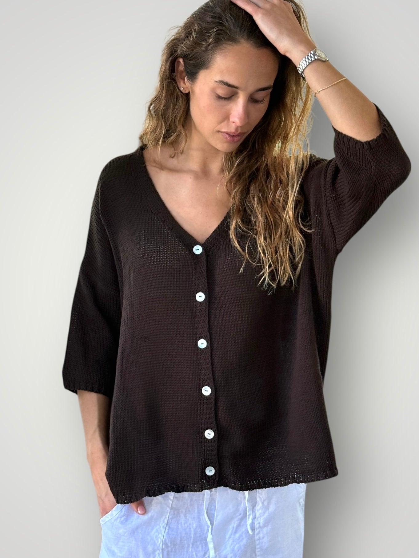 alex cardi-chocolate cotton knit Apparel