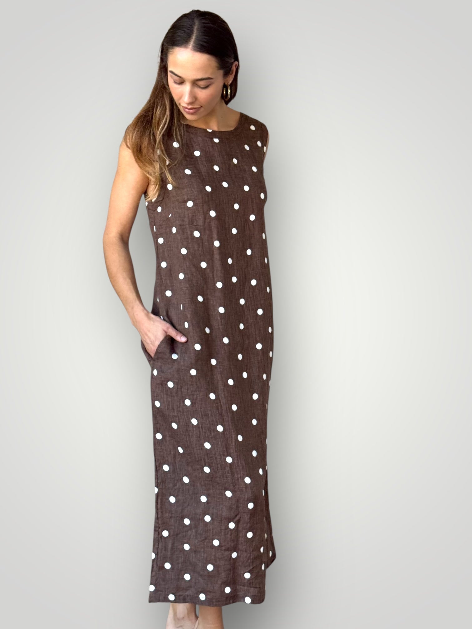 alisa dress - chocolate spot linen dress