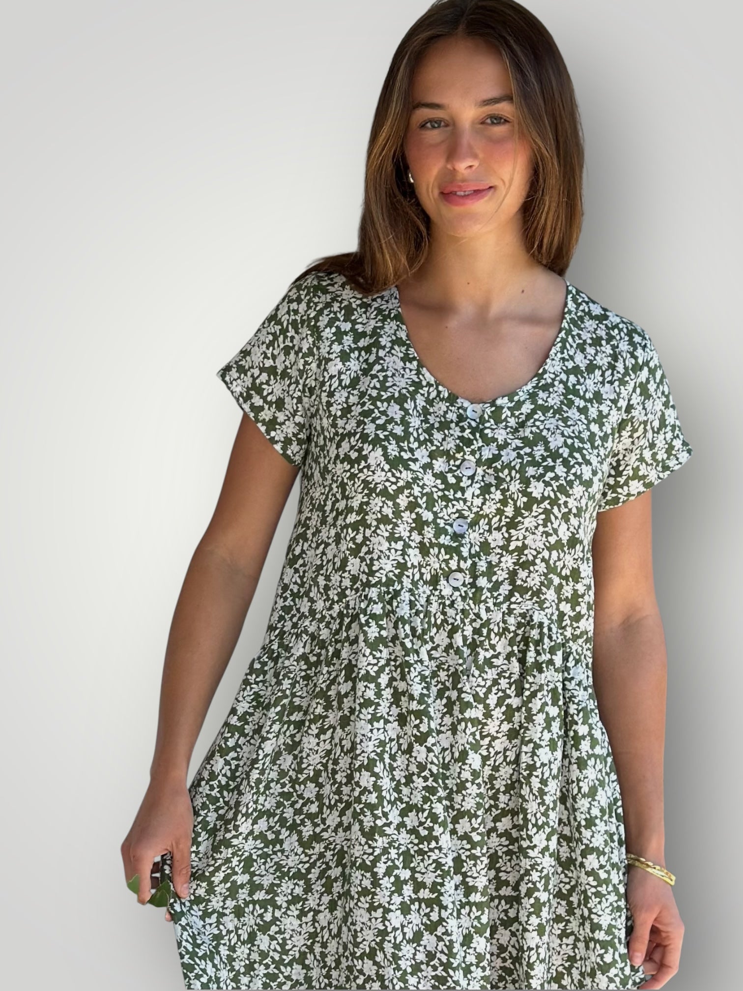 audrey dress - moss floral linen Apparel