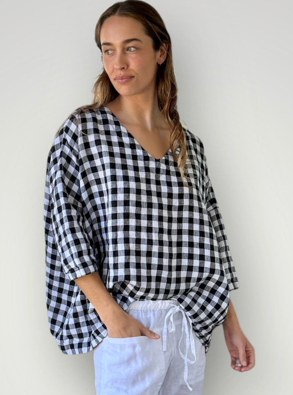 lydia top - black check linen Apparel