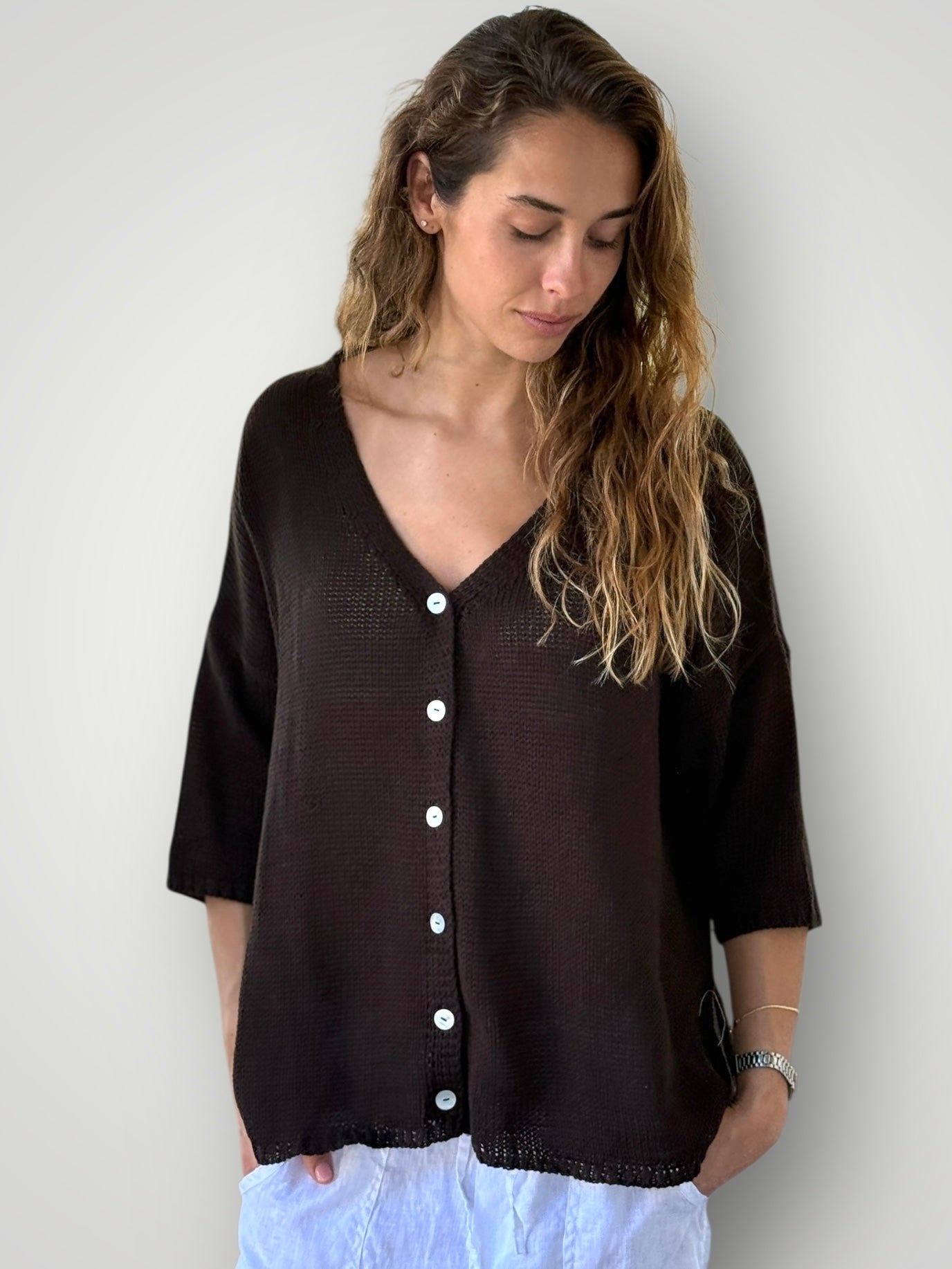 alex cardi-chocolate cotton knit Apparel