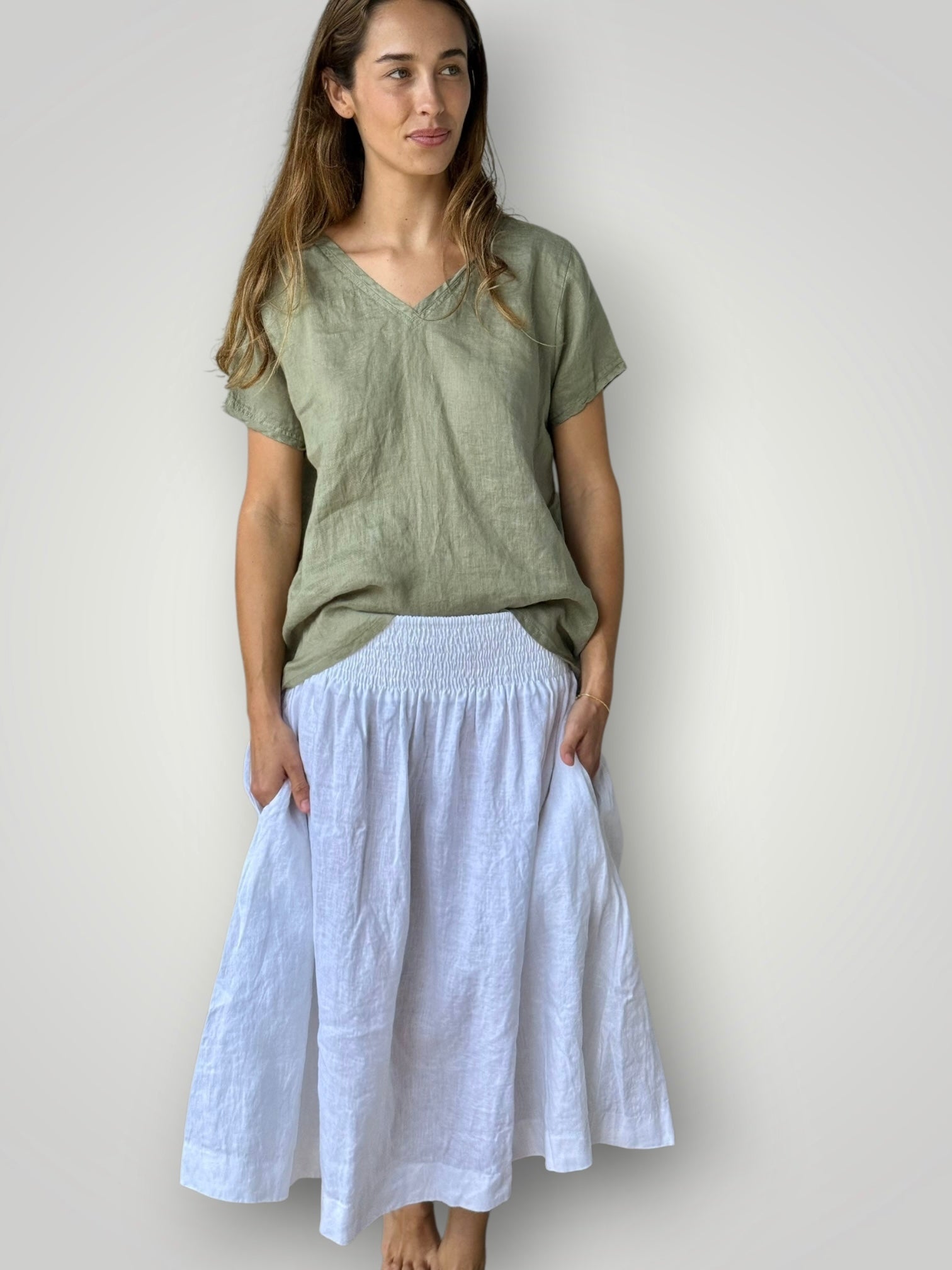 ellie v neck-sage linen Apparel