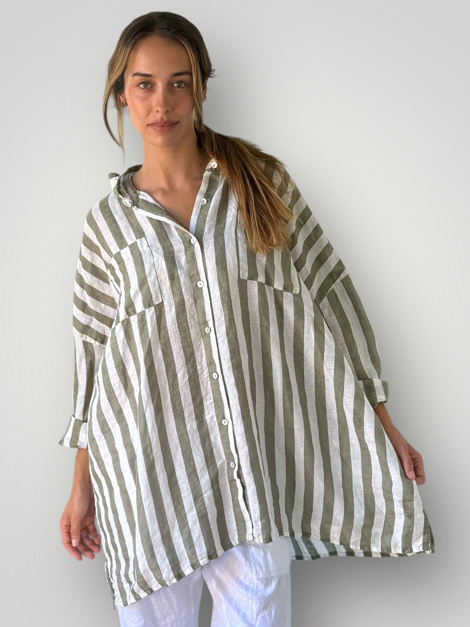 aiden boyfriend shirt -sage stripe linen Apparel