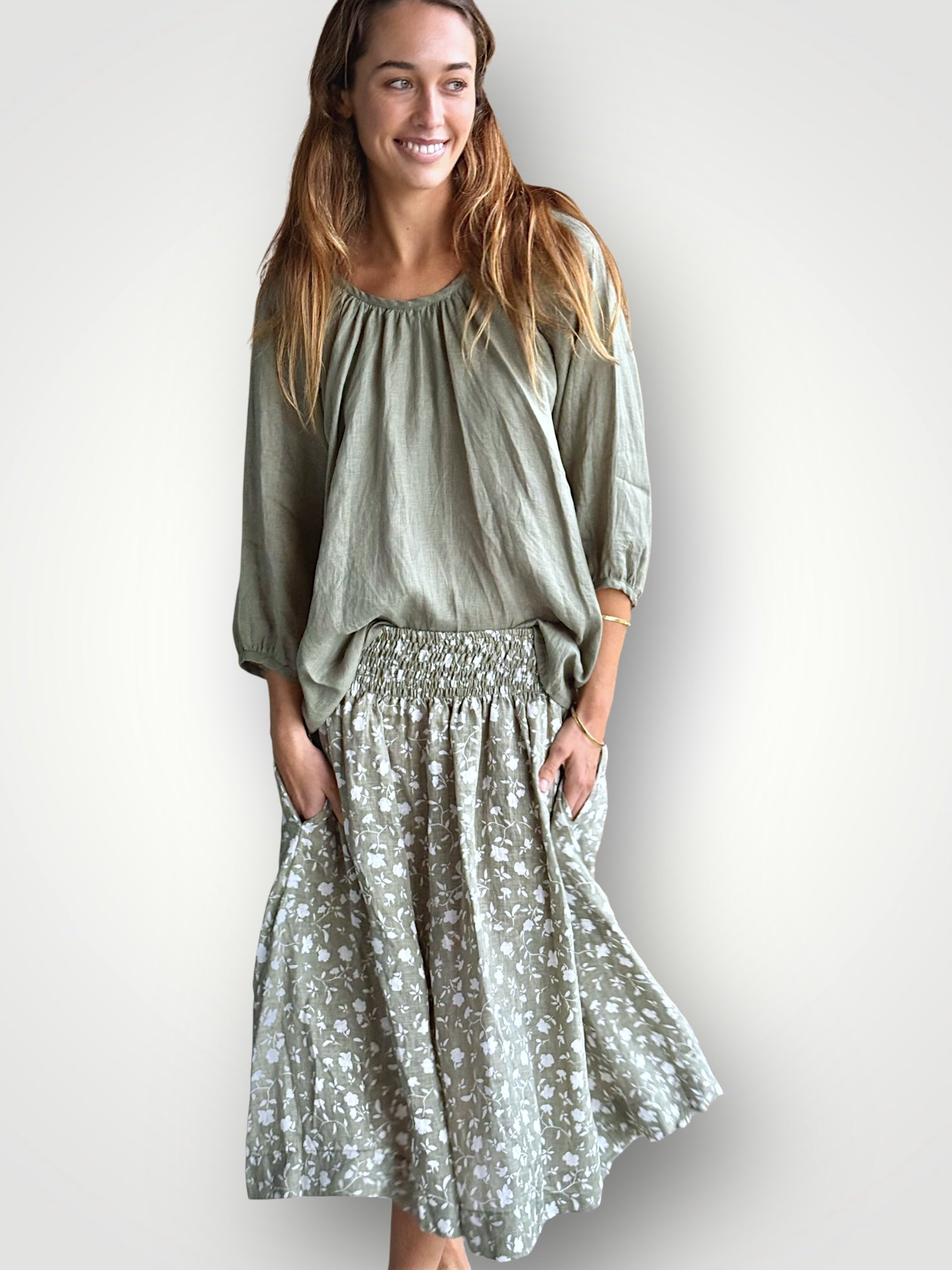 lola skirt - sage flora linen