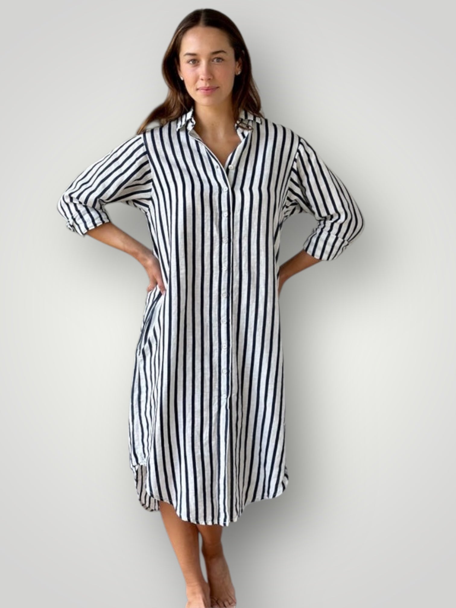 elena shirtdress - navy stripe linen Apparel