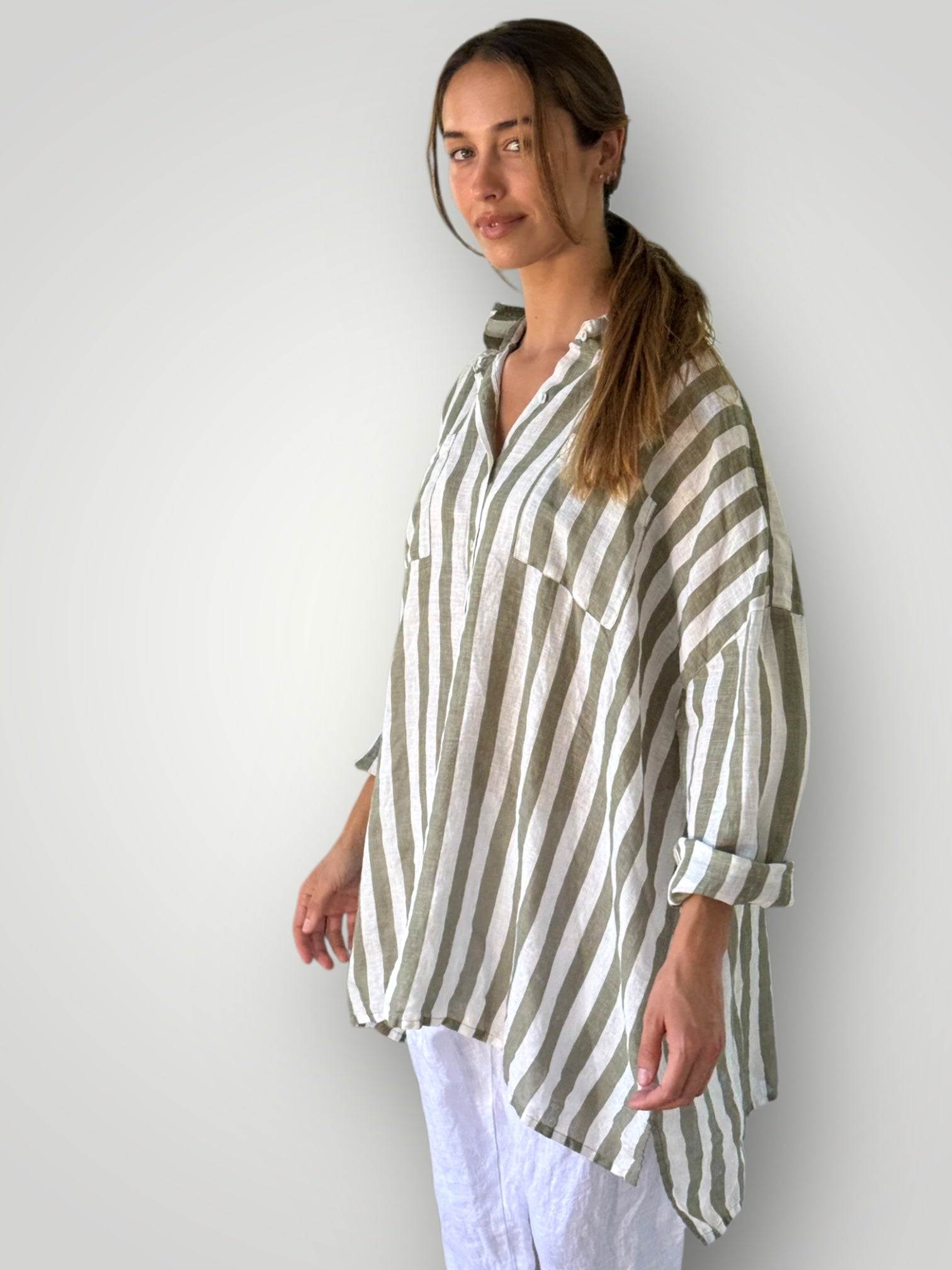 aiden boyfriend shirt -sage stripe linen Apparel