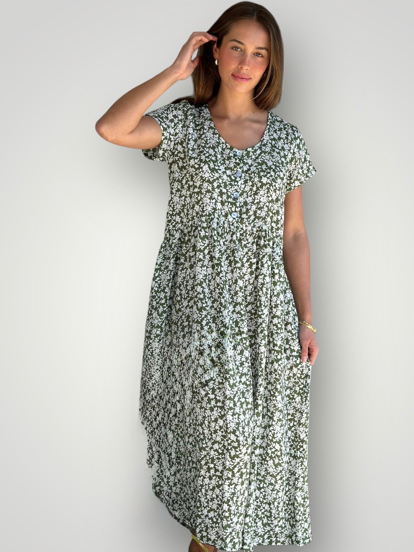 audrey dress - moss floral linen Apparel