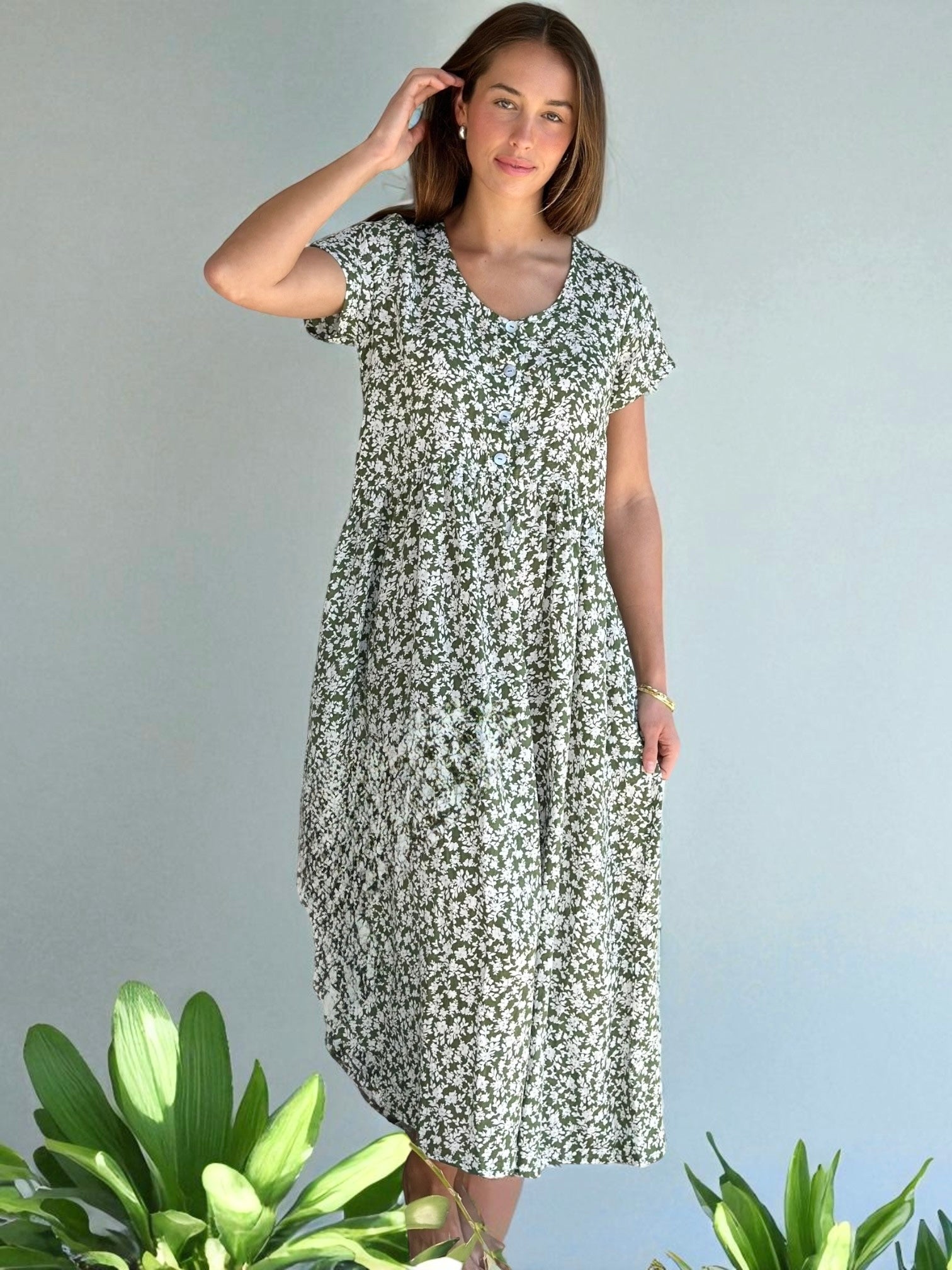 audrey dress - moss floral linen Apparel