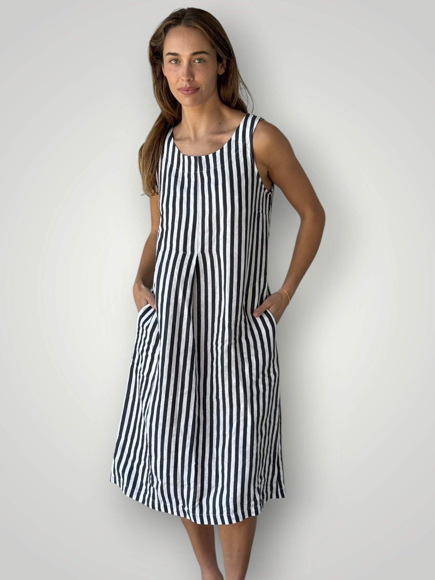 becky dress - charcoal stripe linen Apparel