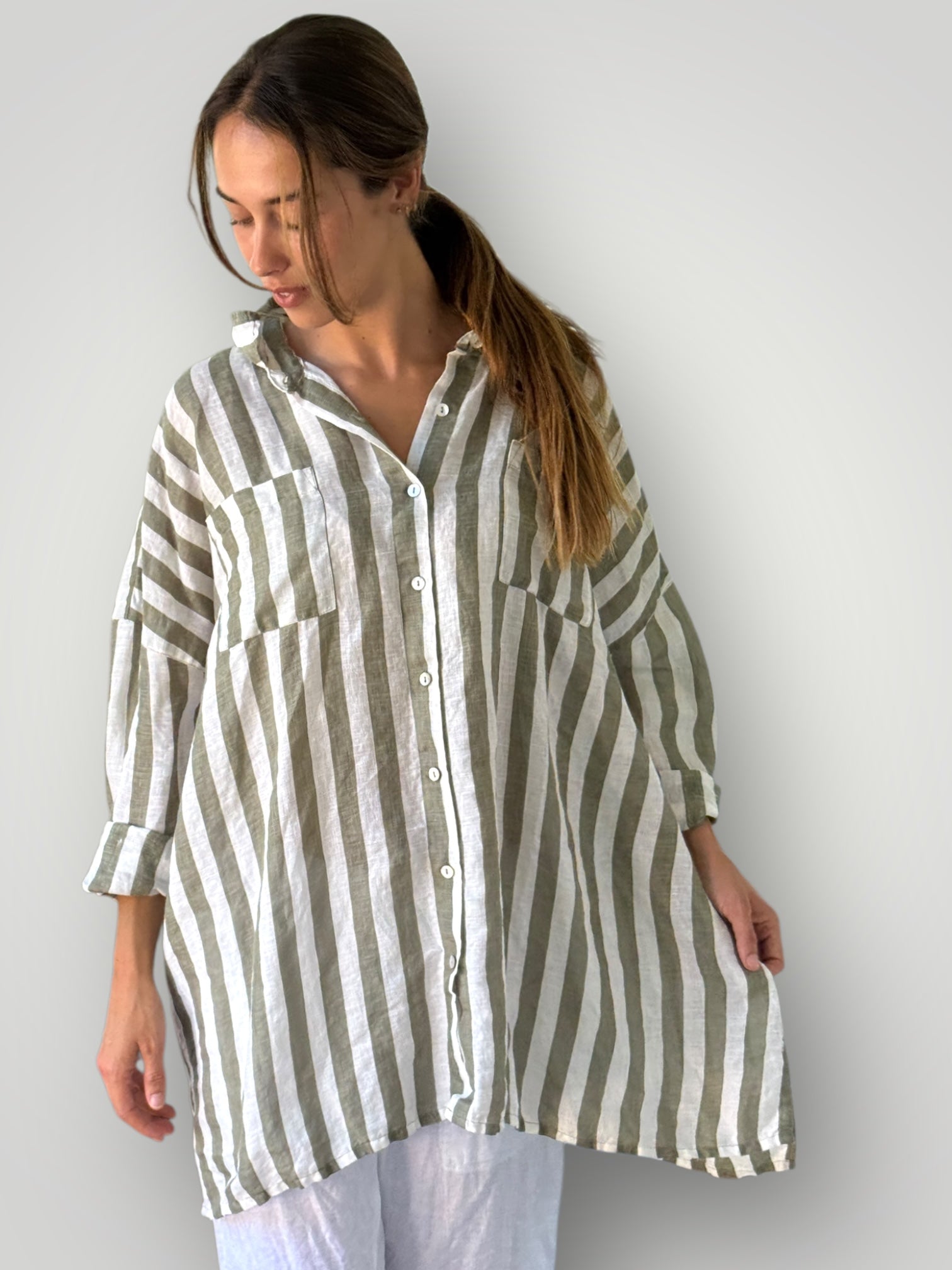 aiden boyfriend shirt -sage stripe linen Apparel