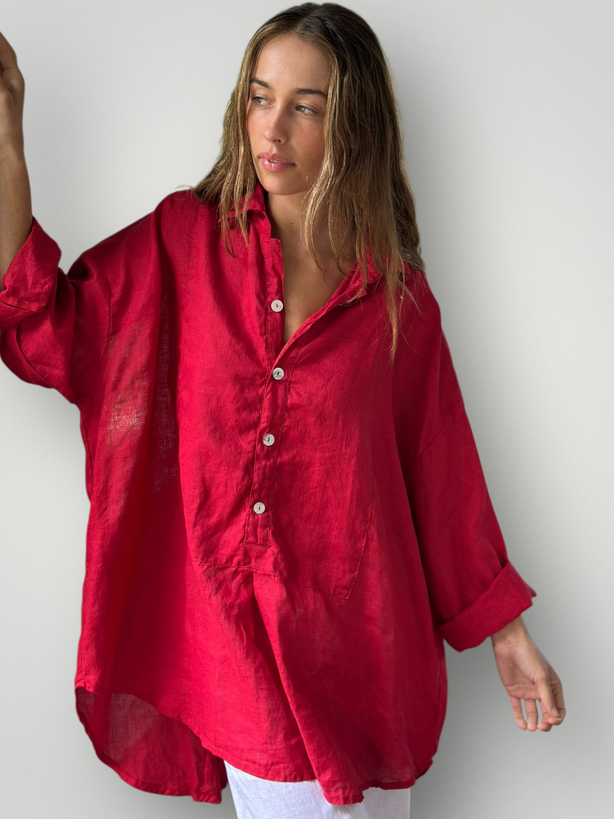 megan shirt - red linen Apparel