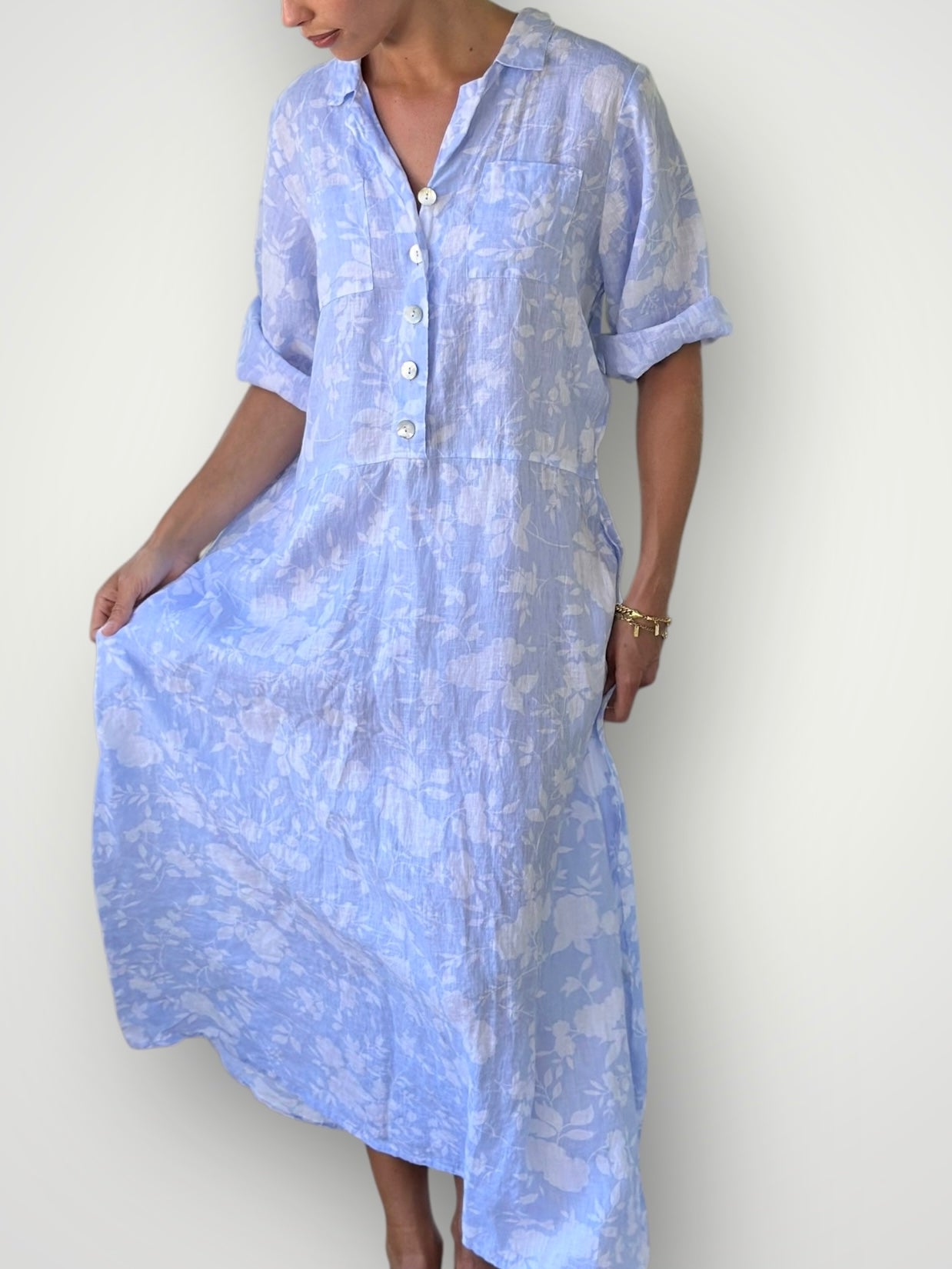 bridget dress - soft blue/white big flower linen Apparel