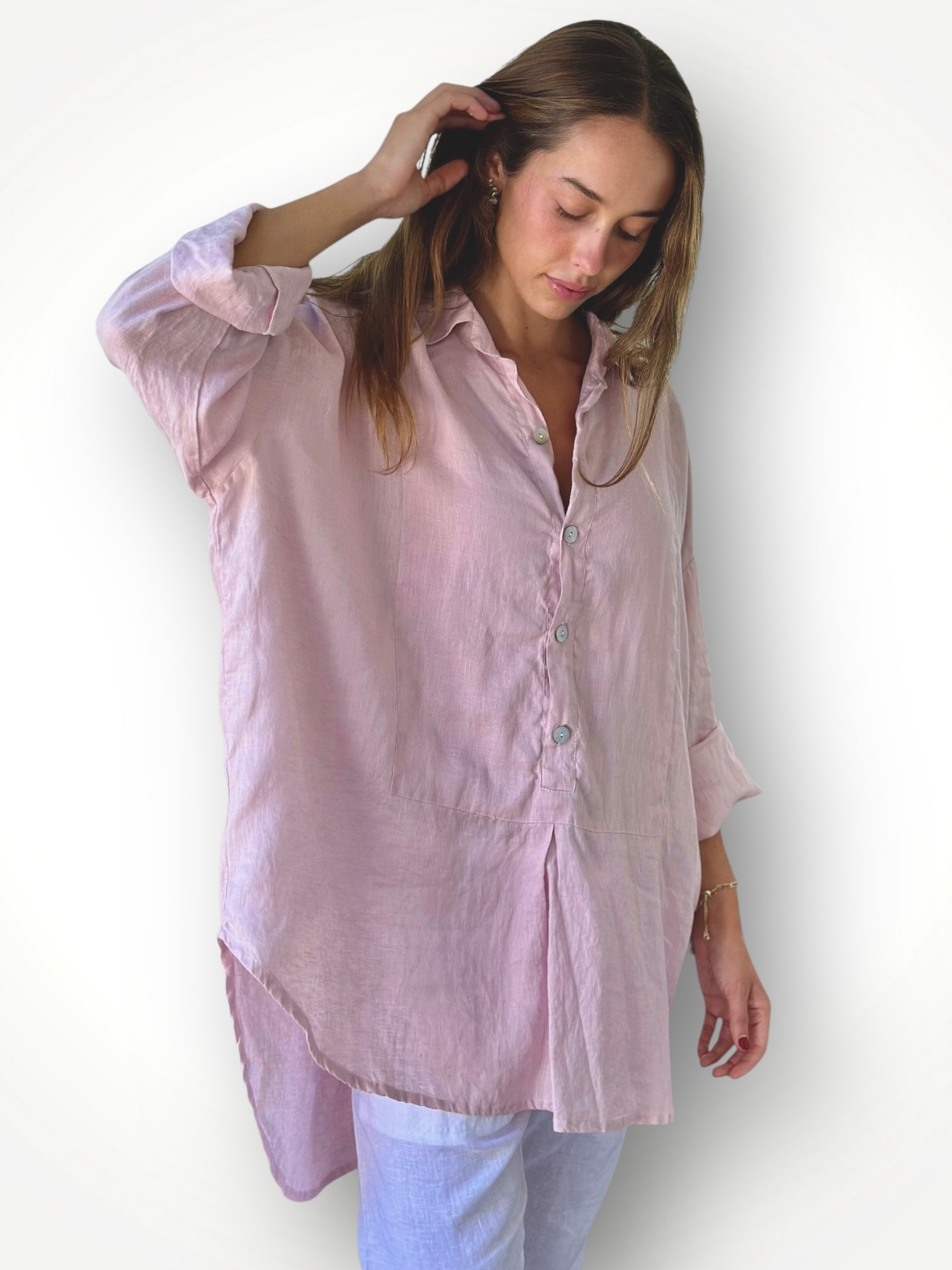 megan shirt - peony pink linen Apparel