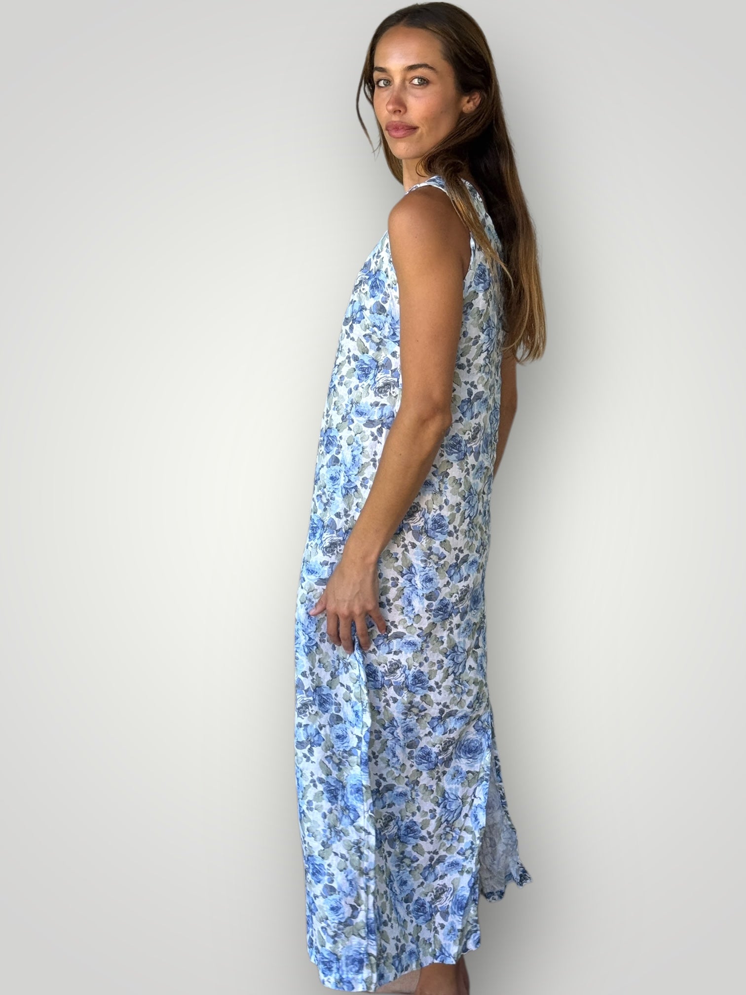 imogen dress-soft blue flowers linen