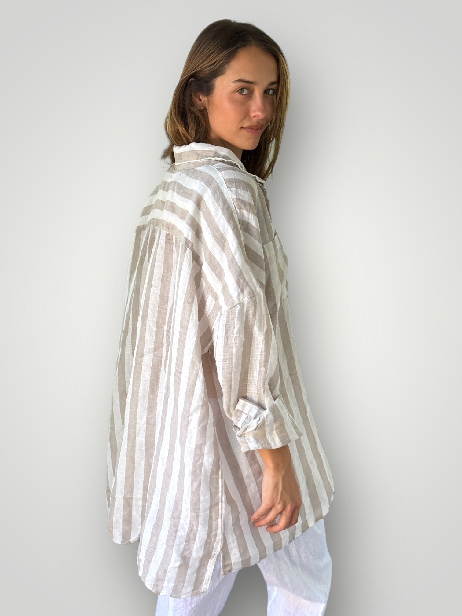 aiden boyfriend shirt -natural stripe linen Apparel