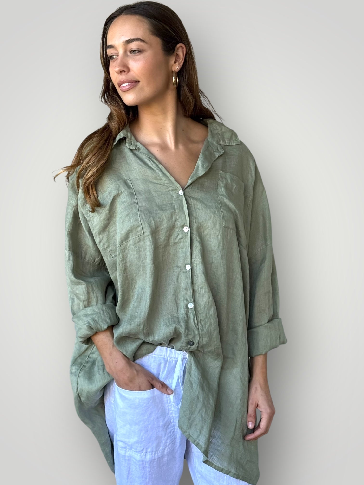 aiden boyfriend shirt -sage linen Apparel