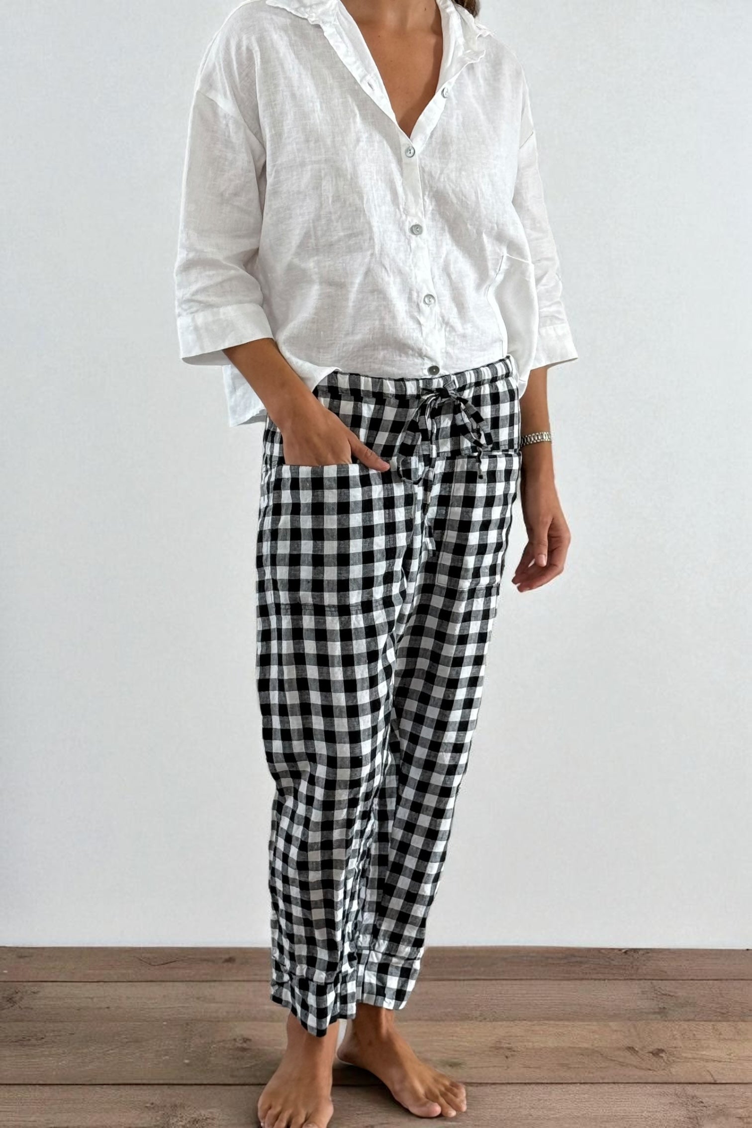 darcy pants - black /white gingham check linen Apparel
