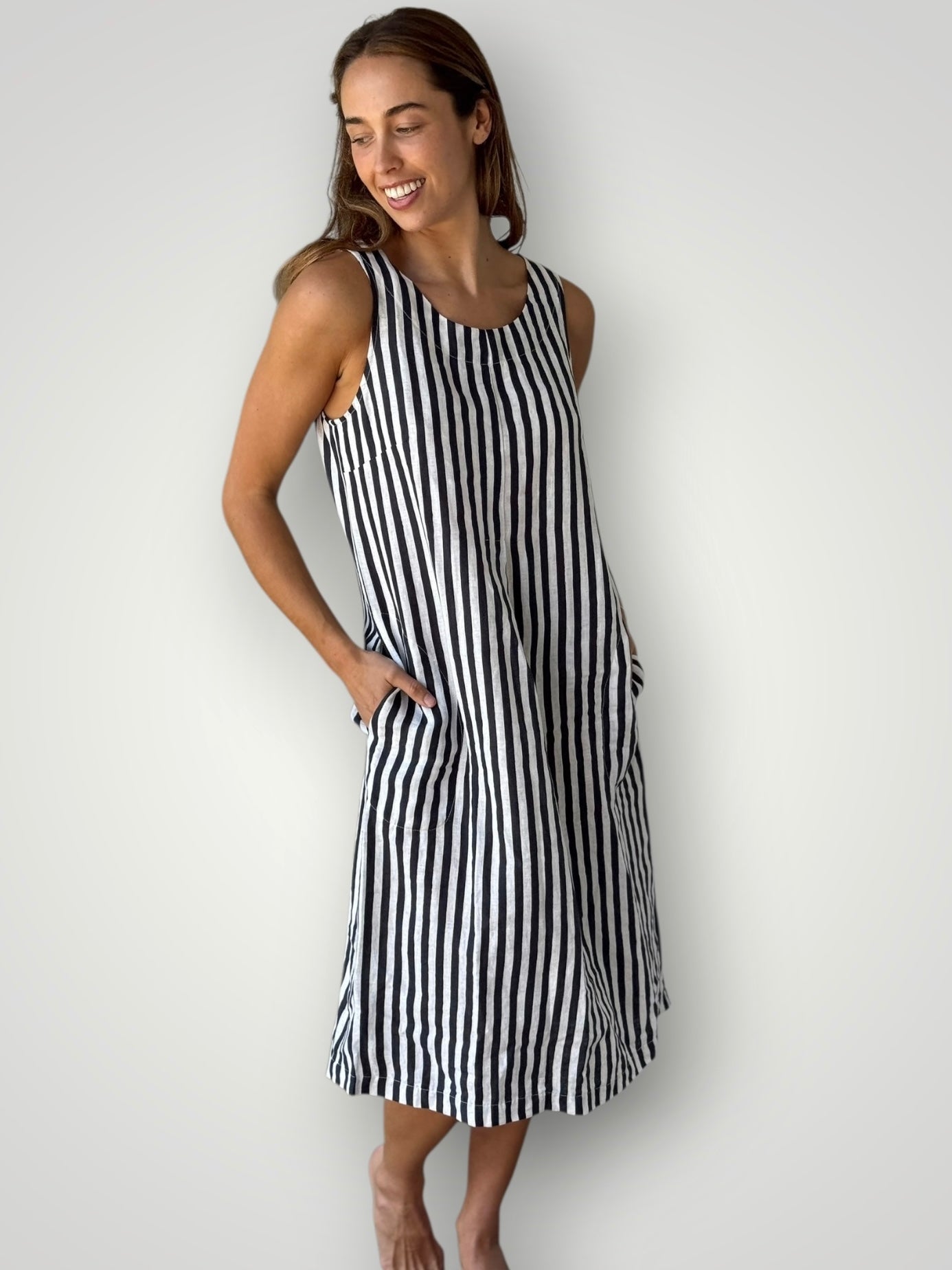 becky dress - charcoal stripe linen Apparel