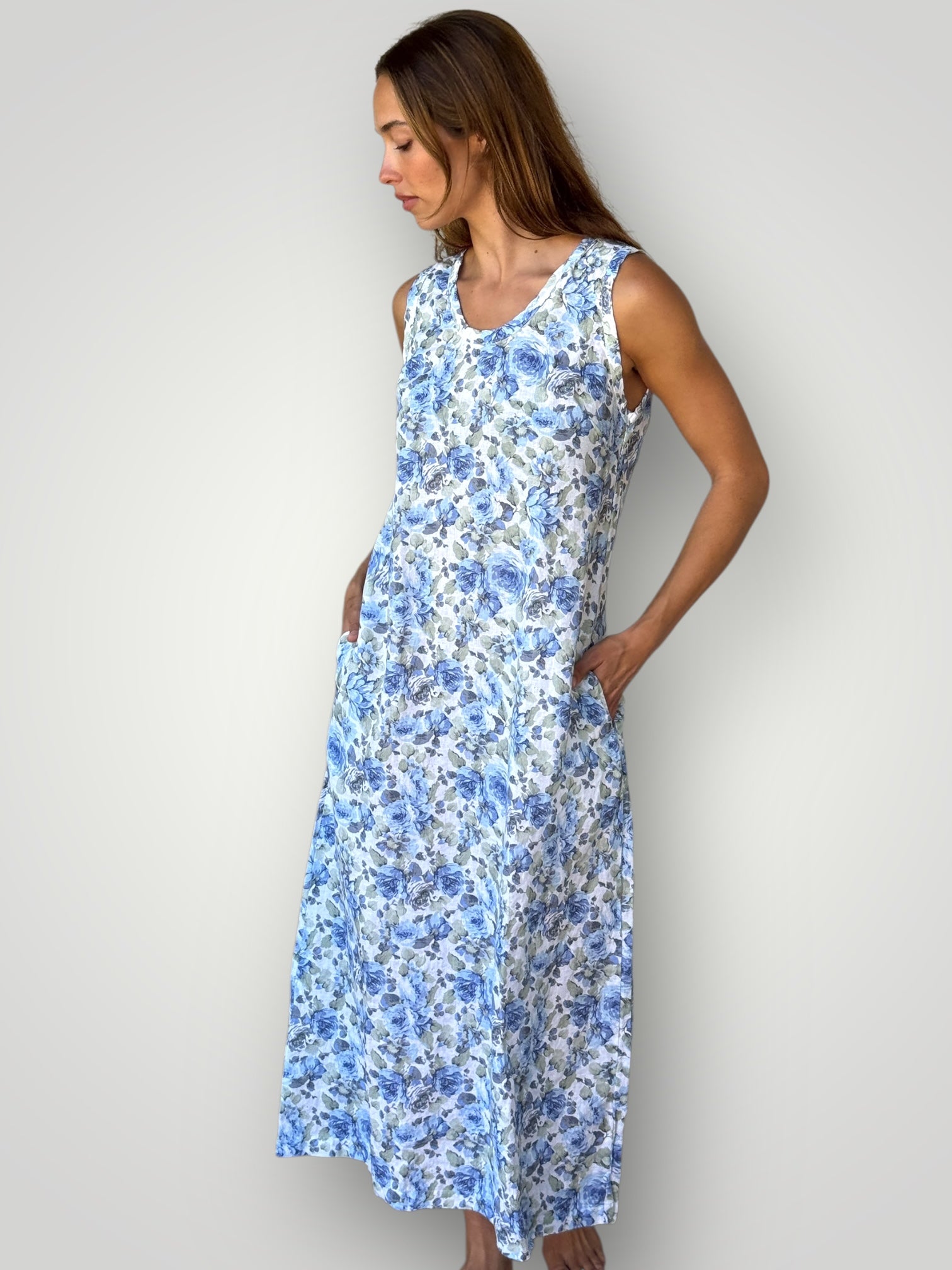 imogen dress-soft blue flowers linen