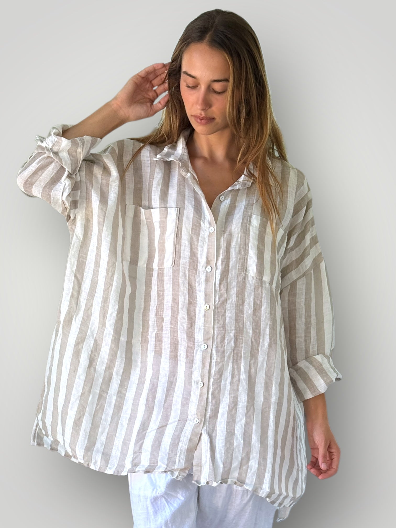 aiden boyfriend shirt -natural stripe linen Apparel