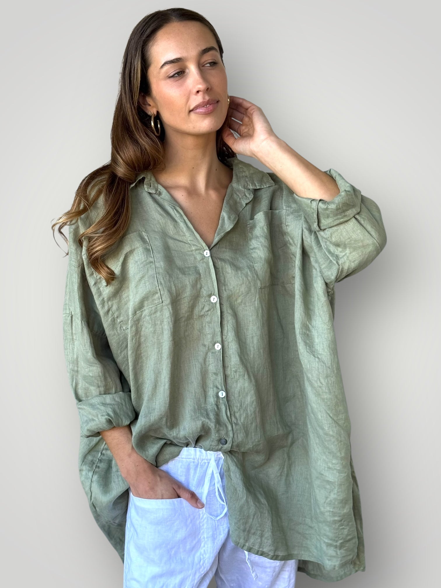 aiden boyfriend shirt -sage linen Apparel