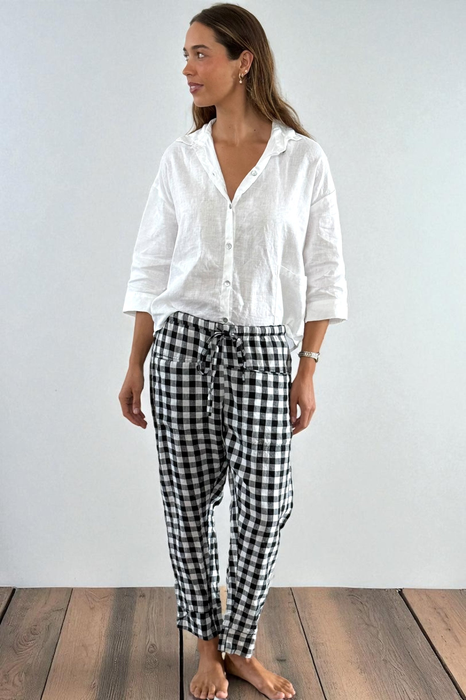 darcy pants - black /white gingham check linen Apparel