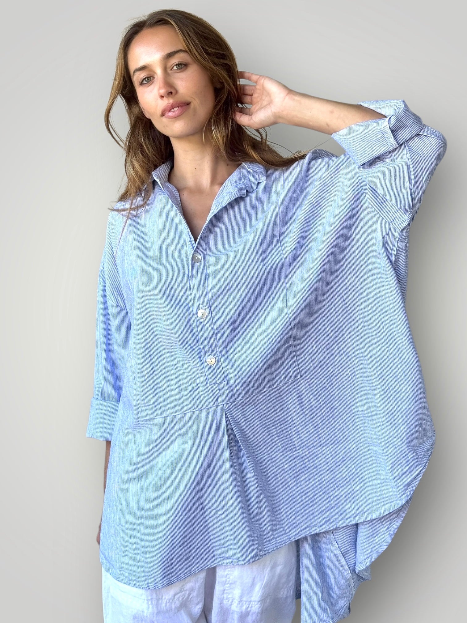 megan shirt -fine blue stripe linen Apparel